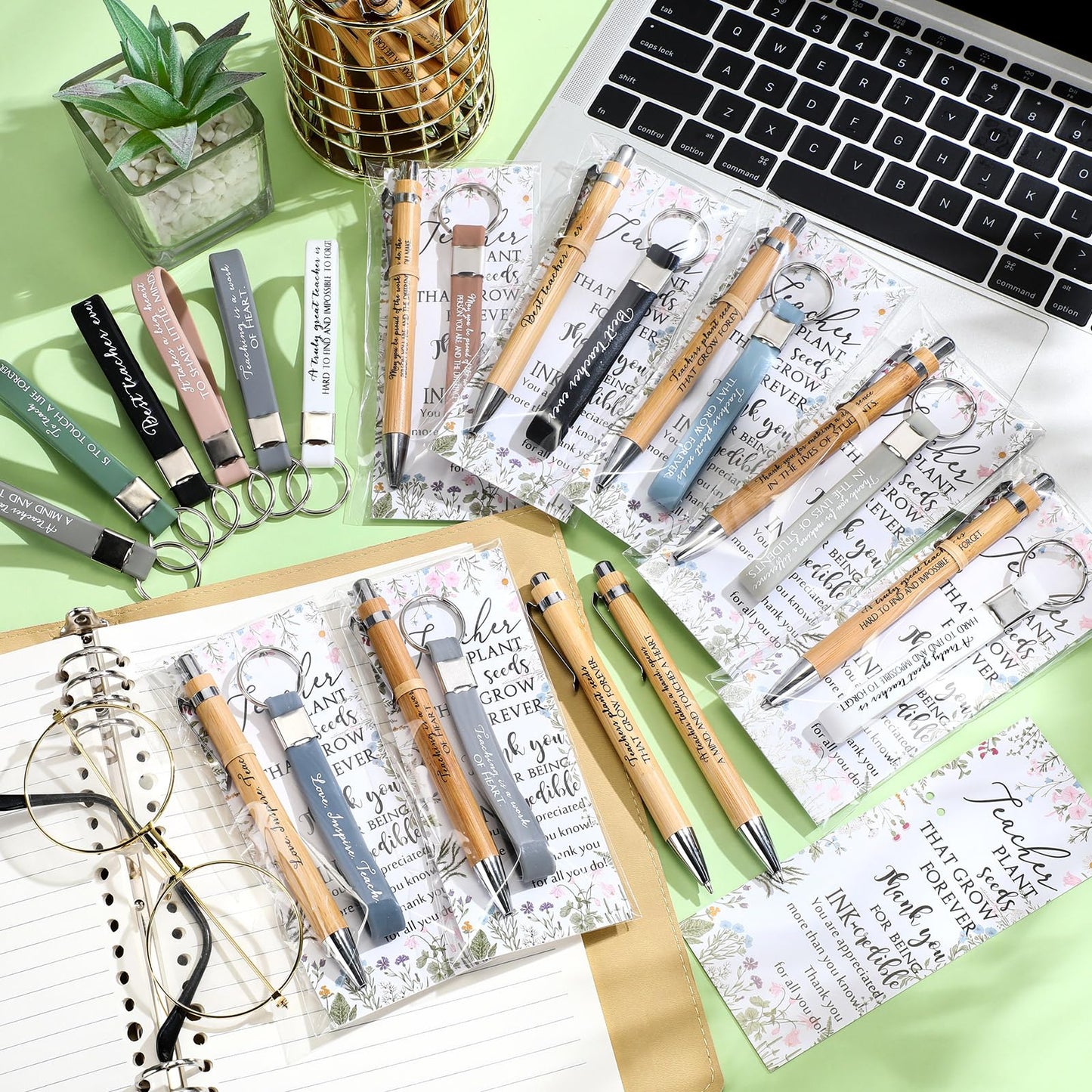 Geyoga 30 Sets Teacher Appreciation Gifts Bulk Inspirational Bamboo Pens Motivational Silicone Keychains with Thank You Cards for Employee Staff Team Teacher Appreciation Week Gifts