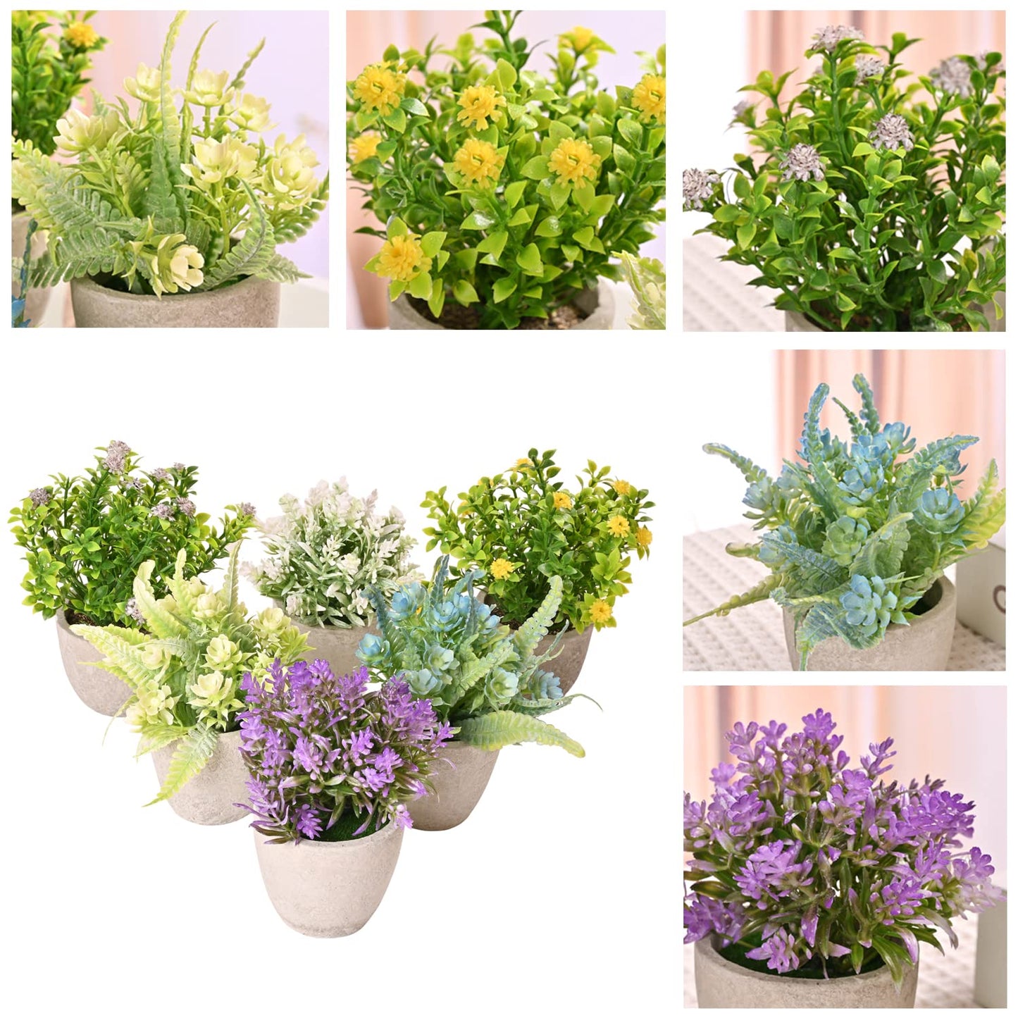 LUEUR Set of 6 Potted Artificial Flowers Arrangement, Fake Flowers with Vases Faux Flowers in Pot for Centerpiece Table Decorations Spring Decor for Home Office Desktop