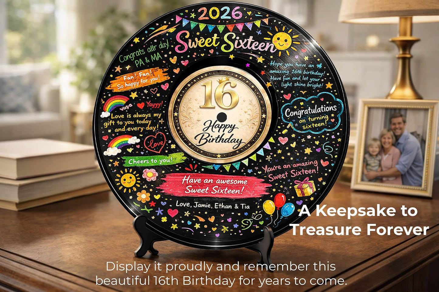 Sweet 16 Party Decorations for Girls and Boys, 11.6 Inch Vinyl Record Guest Book Alternative, 16th Birthday Signature Board with Stand and Pens, 16th Birthday Gifts for Boys Girls