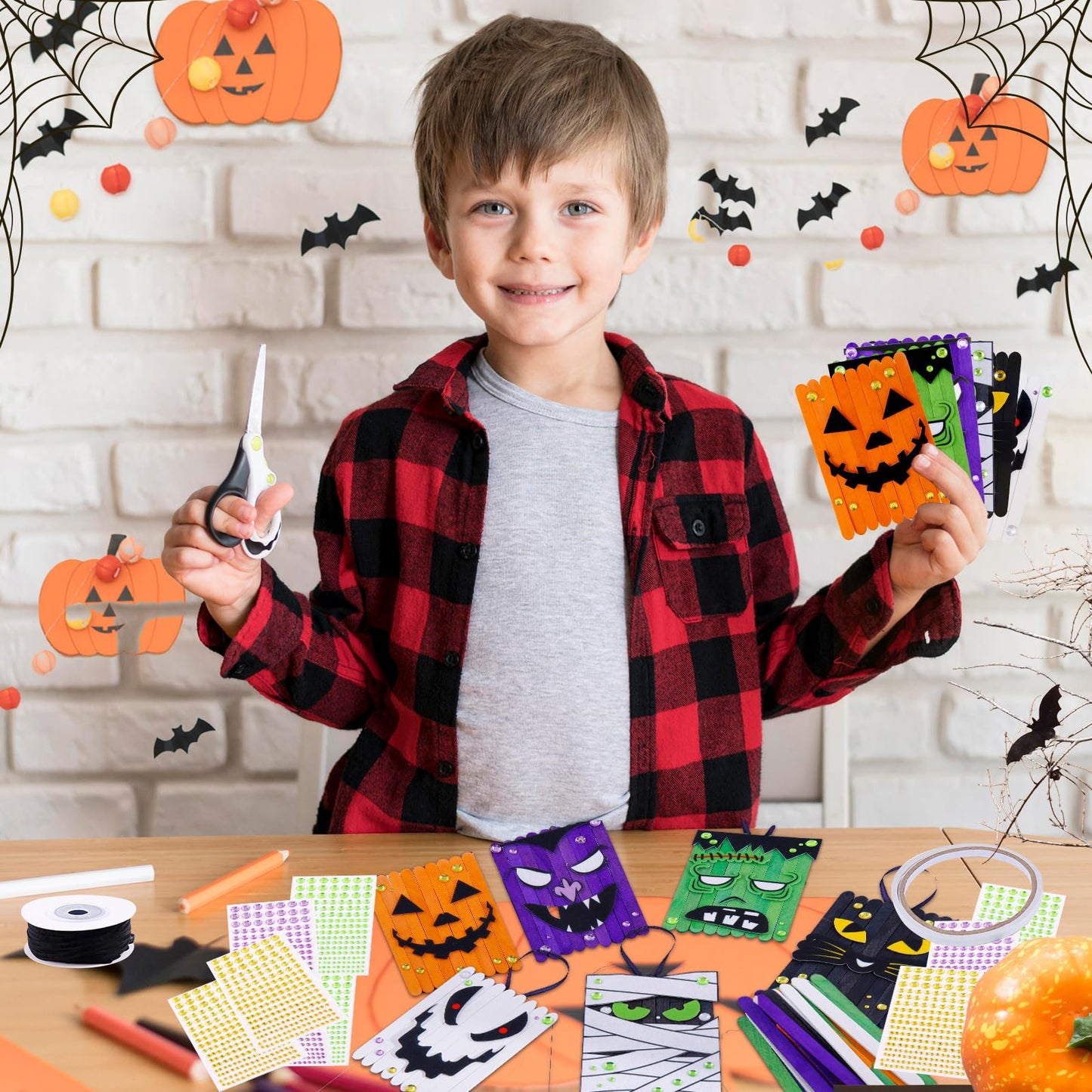 NRWRTY 25 Sets Halloween Crafts Kits,Arts and Crafts with DIY Ghost Pumpkin Felt Stickers Craft Sticks for Halloween Party Favors