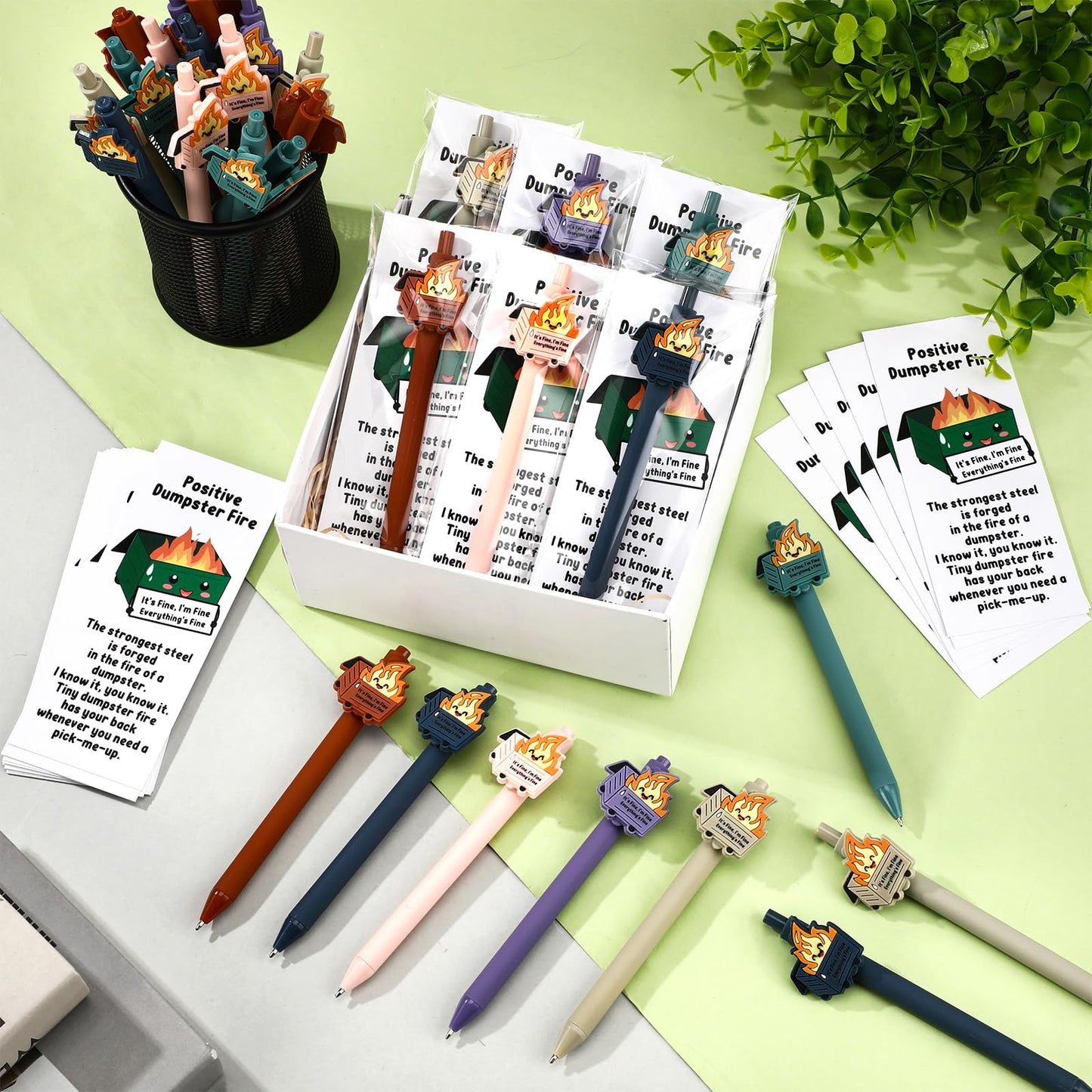 Sayglossy 60 Sets Dumpster Fire Gifts Funny Teacher Appreciation Gifts Dumpster Fire Ballpoint Pens and Emotional Support Bookmark Bulk for Volunteer Coworker Employee Office Desk Accessories