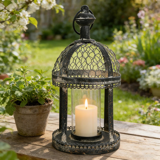Vintage Black Metal Lantern with Glass Insert 13in Candle Holder Stand Distressed Rustic Shabby Candlestick Tabletop Ornament for Tables Centerpiece Shelf Home Garden Wedding Part Farmhouse Decor