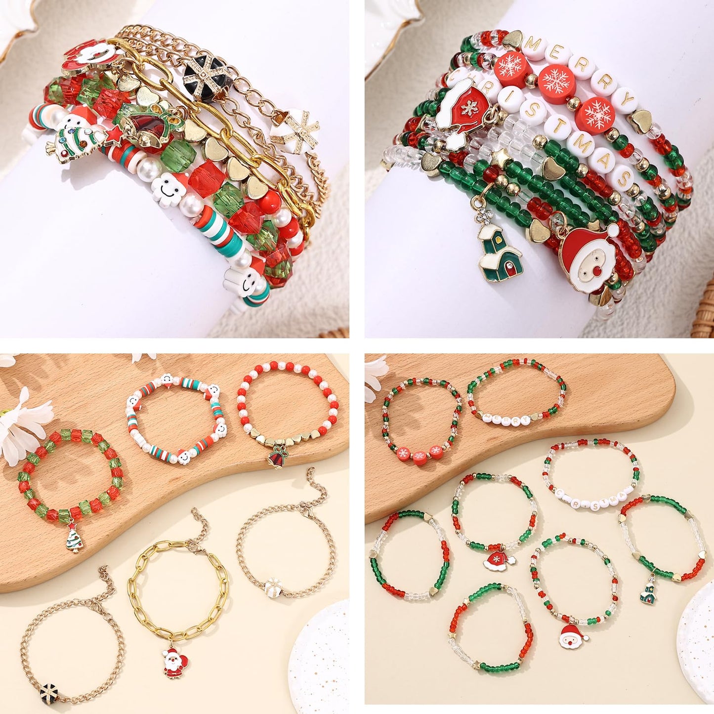 Cooluckday 36Pcs Christmas Bracelets Bulk Christmas Gifts for Women Friendship Bracelets Xmas Snowflake Snowman Bell Santa Claus Bracelets Stretch Bracelets as Party Gifts Bag Filler