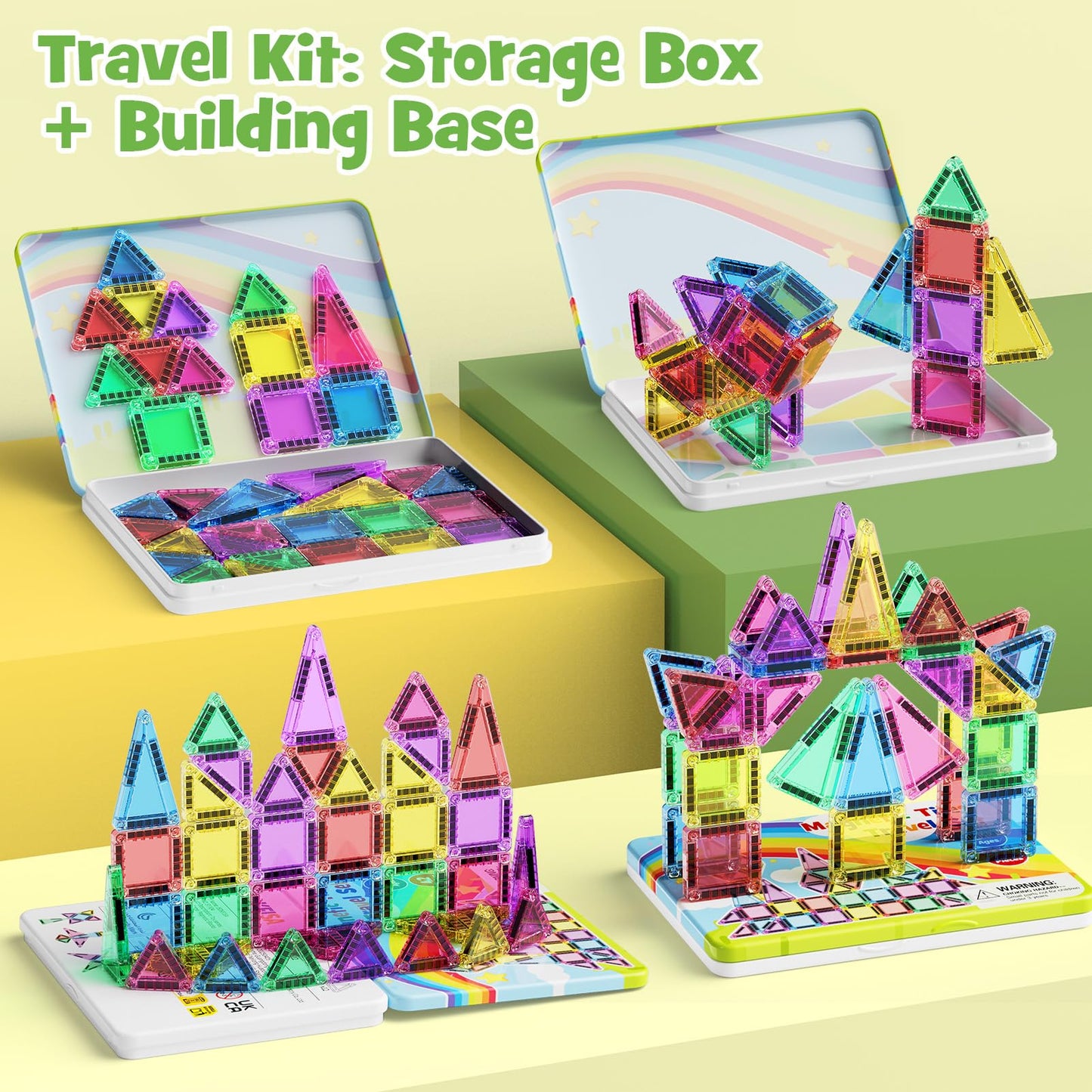 JSDKFJSA Magnetic Tiles Travel Toys for Kids 4-8, 42PCS Candy Color STEM Building Blocks with Visual Storage Guide & Metal Case, Airplane Activities & Toddler Travel Essentials Ages 3-5