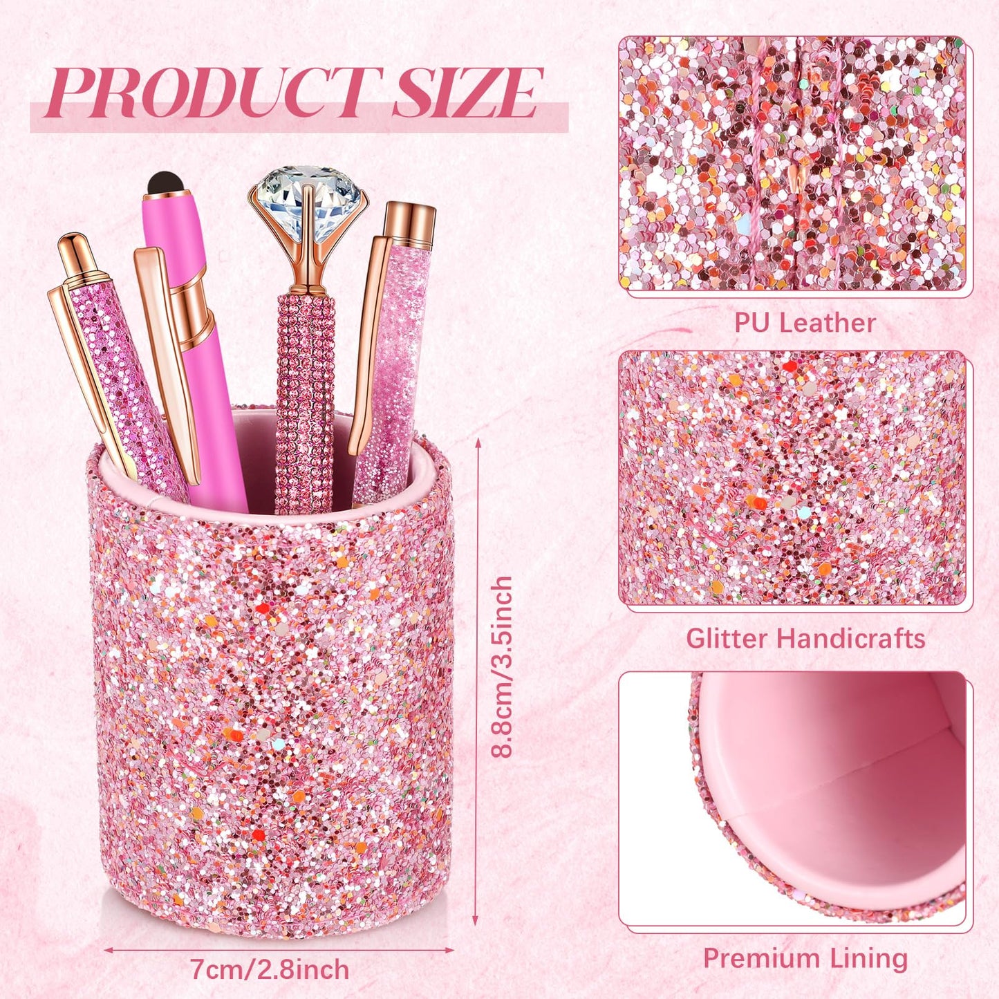 Sabary 8 Pcs Shiny Pink Pens with Pen Holder for Desk Glitter Crystal Diamond Cute Ballpoint Fancy Pencil Holder Bling Desk Organizer for Women Girls School Office Supplies Wedding Graduation Gifts