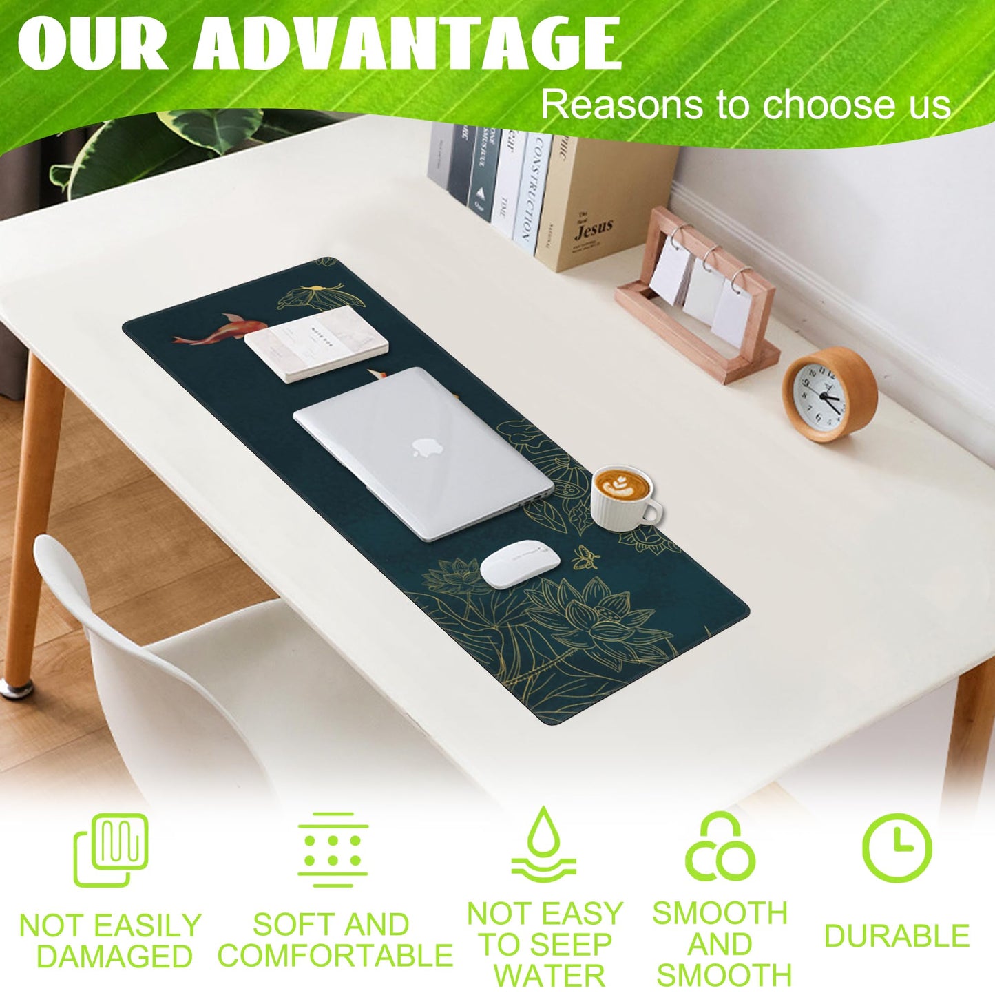 Eflxamz Large Gaming Mouse Pad, Koi Fish Ink Painting Desk Mat, Golden Line Lotus Desk Pad, Extended Big Computer Keyboard Mouse Pad with Non-Slip Base and Stitched Edge, 31.5"x11.8"
