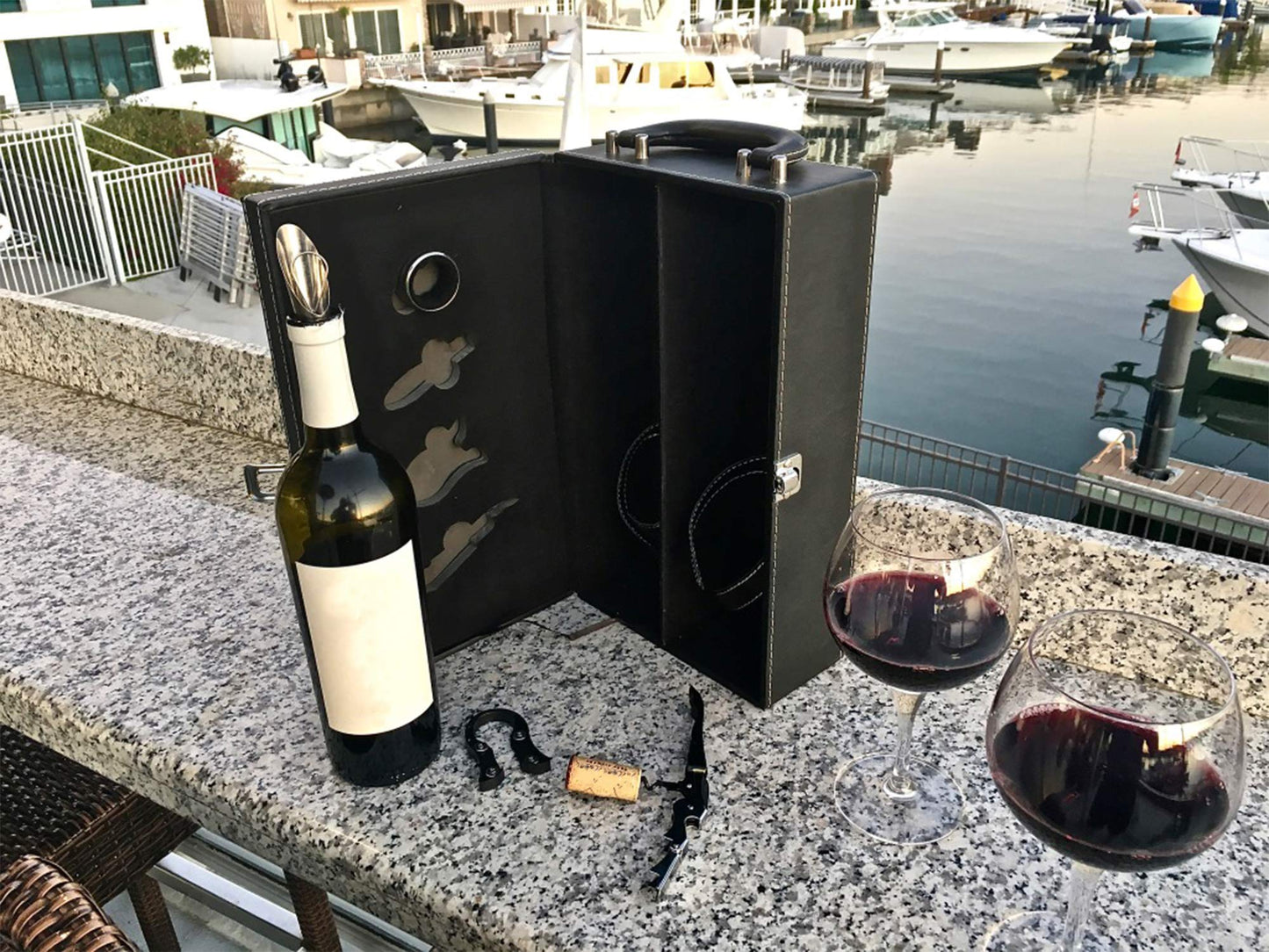 Digilant Lifestyle Top Handle Travel Two-Bottle Wine Carrier Case with 4 Piece Wine Accessory Set (Brown)