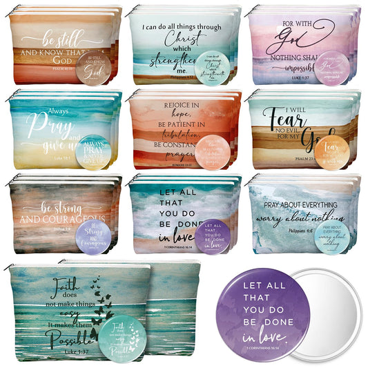 Reginary 30 Set Christian Gifts for Women Religious Mothers Day Gifts Canvas Makeup Bags Inspirational Bible Verse Compact Mirrors for Church Mother's Day Party Favors(Bright Colors,Abstract Style)