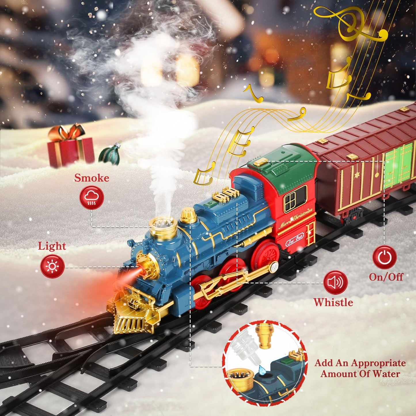 Christmas Steam Electric Train Set Gifts Box with Track, Lights, Music, Smoke, USB Rechargeable Battery,Includes Locomotive and Cars,Card Scene Setup, Under Christmas Tree, Holiday Toy for Kids Age 3+