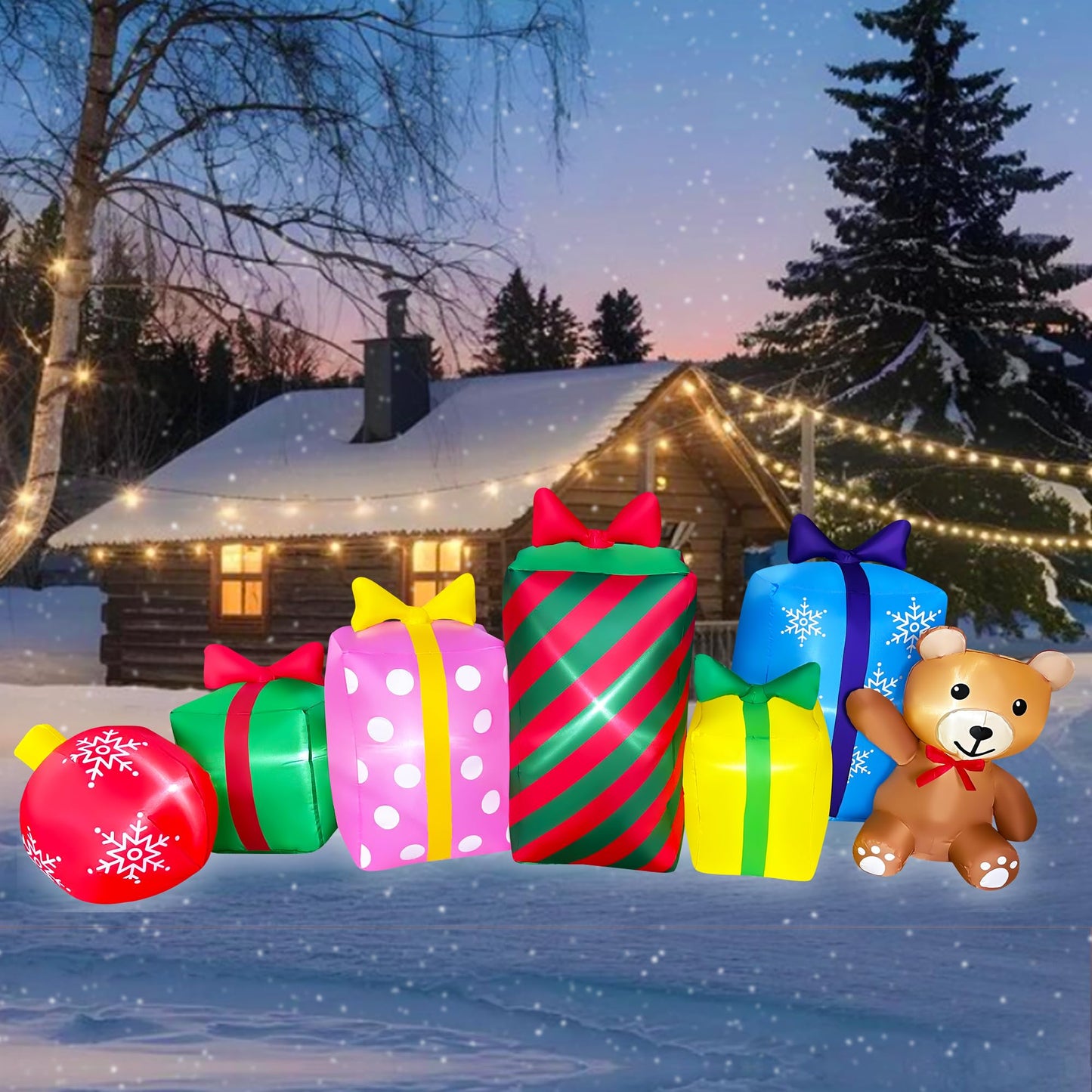 SEASONBLOW 8 FT Christmas Inflatable Gift Boxes with Ball and Bear Decoration, Xmas Blow Up LED Lighted for Lawn Yard Garden Home Indoor Outdoor Holiday Party Decor
