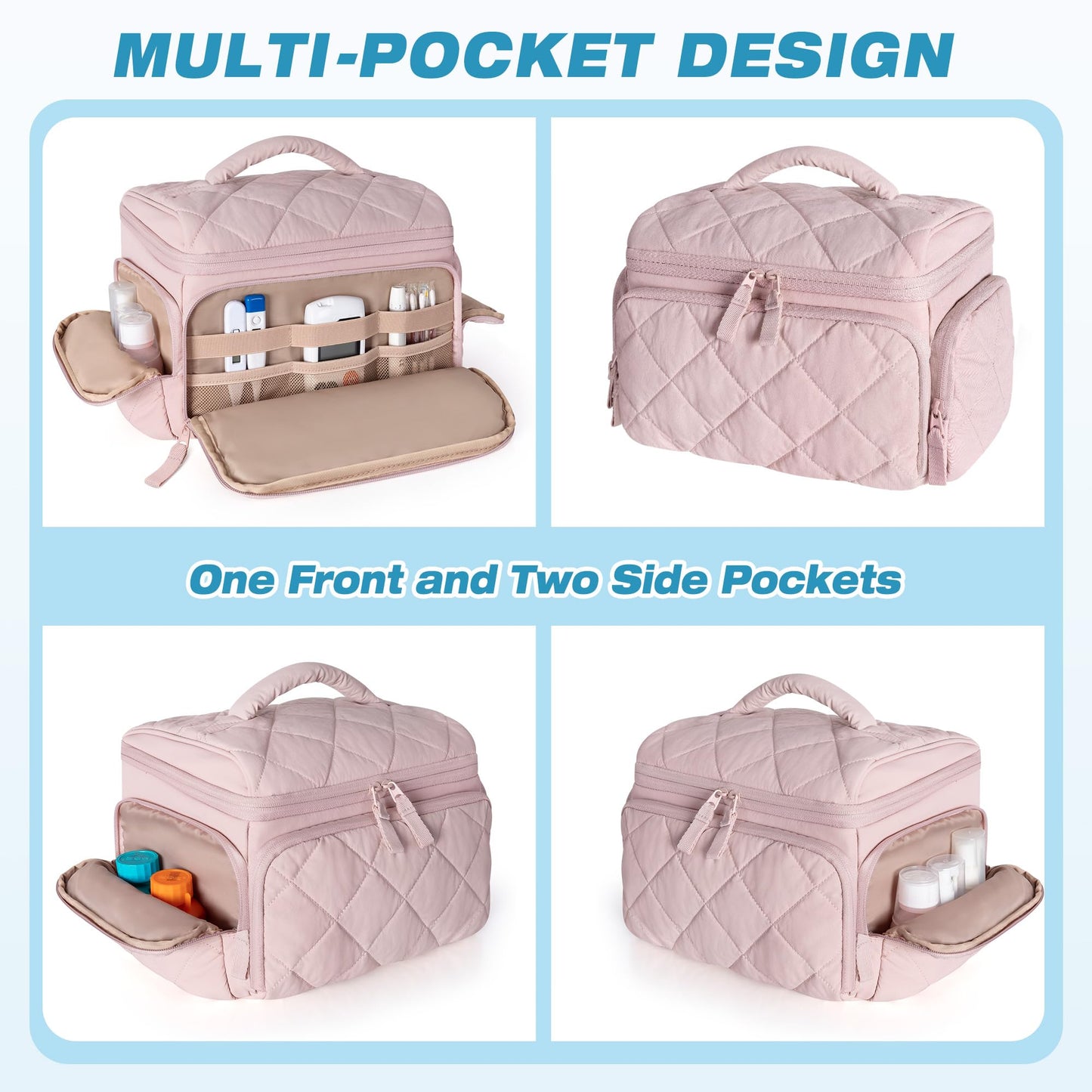 Marscamd Medicine Organizer Bag with Insulated Pocket for Travel, Pill Bottle Storage Case with 4 Customized Dividers for Medication, Insulin and First Aid Supplies, Pink (Bag ONLY)
