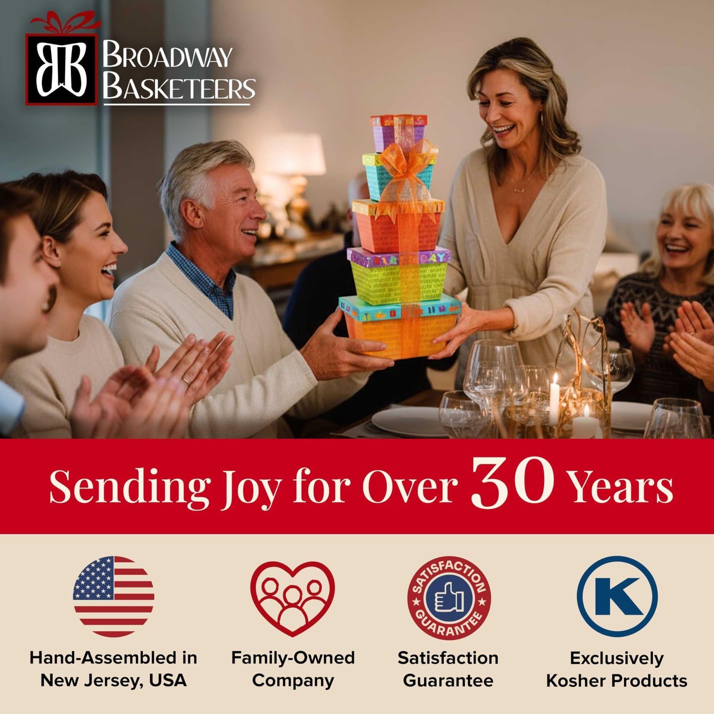 Broadway Basketeers Birthday Gift Basket Tower – Snack Boxes with Gourmet Cookies & Popcorn – Happy Birthday Gifts for Women, Mom, Sister, Friends & Coworkers