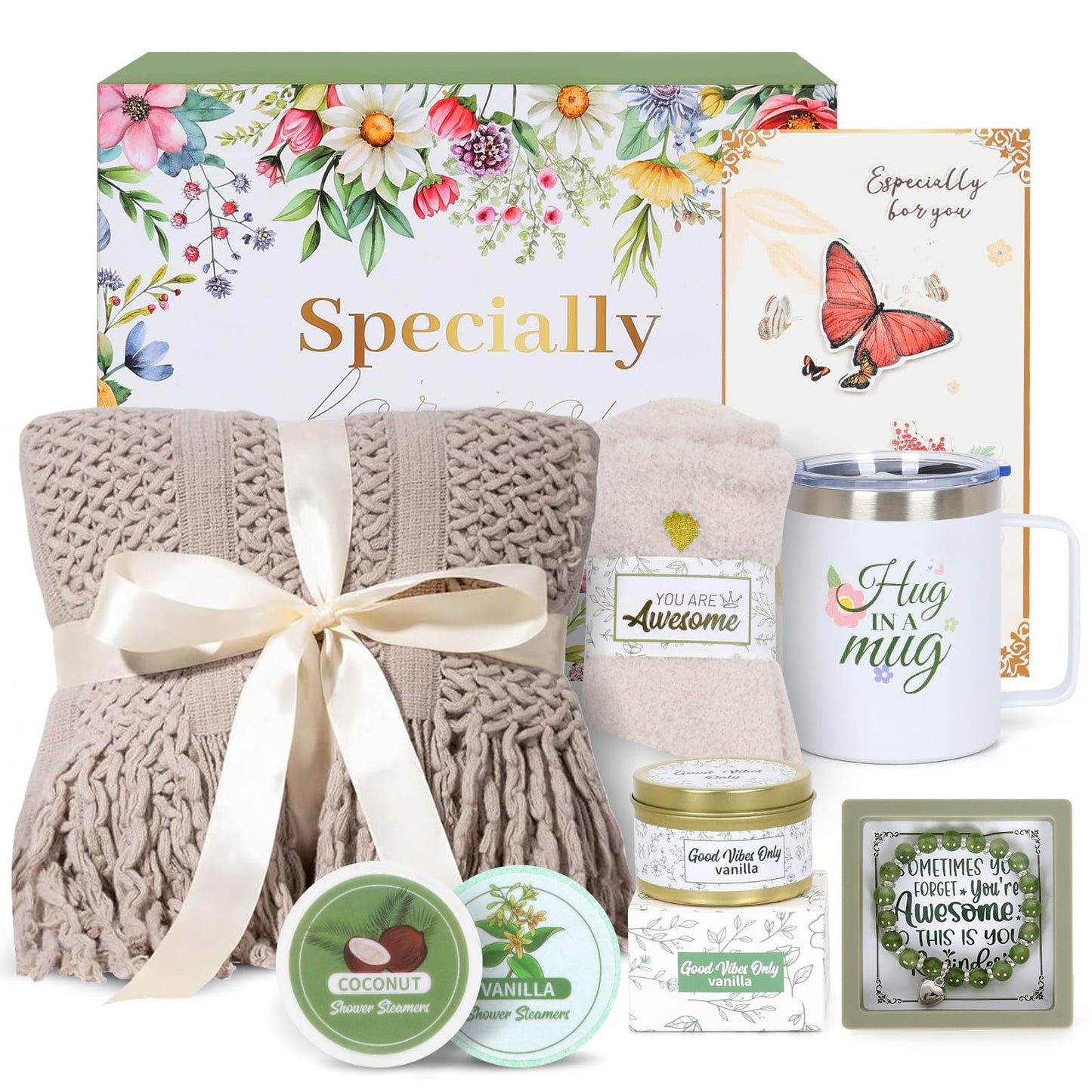 Valentines Day Gifts for Her - Spa Gift Box with Candle, Cozy Blanket, Tumbler & Bracelet - Romantic Self Care Package for Wife, Girlfriend - Birthday, Thinking of You