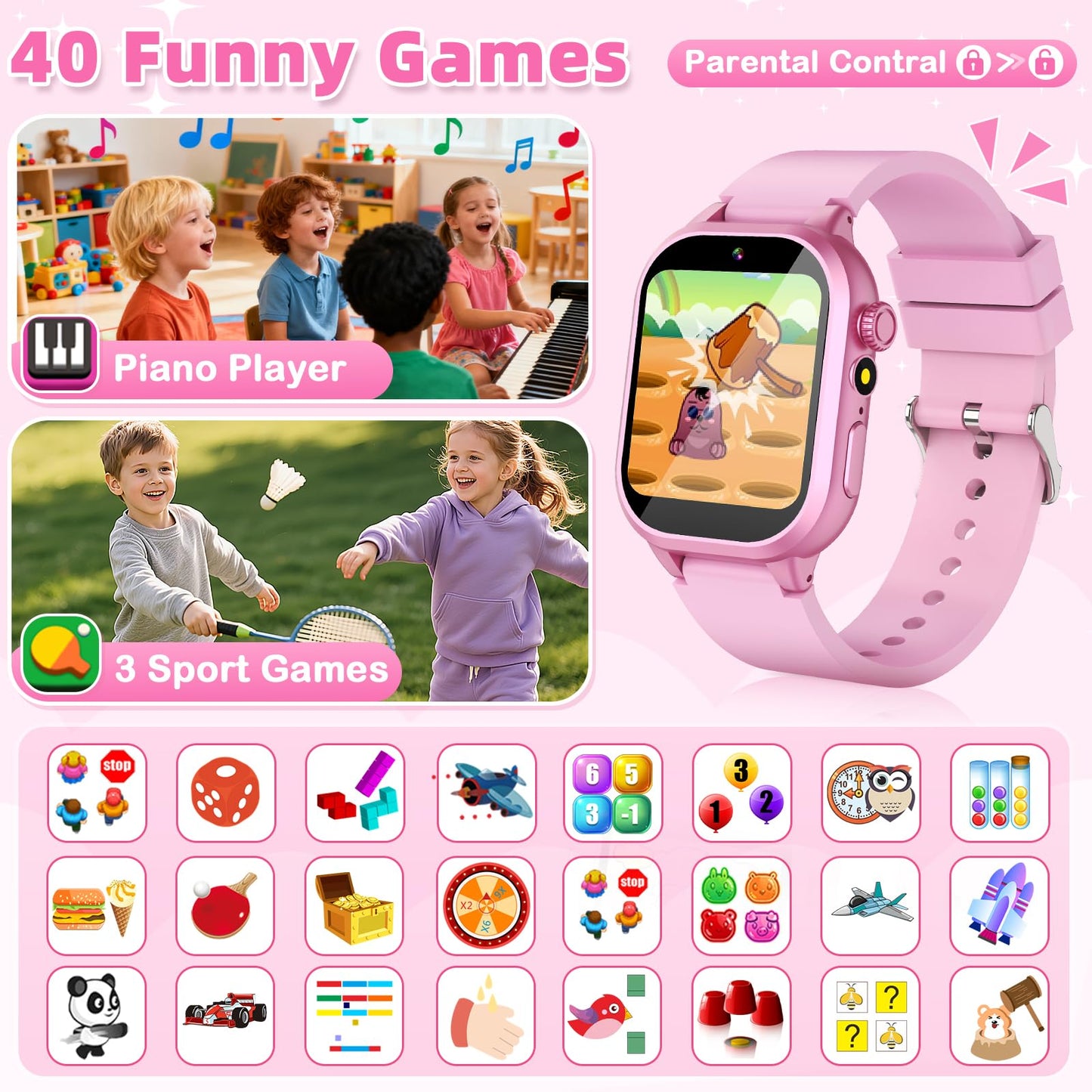 Kids Smart Watch Girls Gift for Girl Aged 5-12, 40 Games HD TouchScreen Kids Watch with Video Camera Music Pedometer Audiostory Learn Card Toys Birthday Gifts for Girls Ages 5 6 7 8 9 10(Pink)