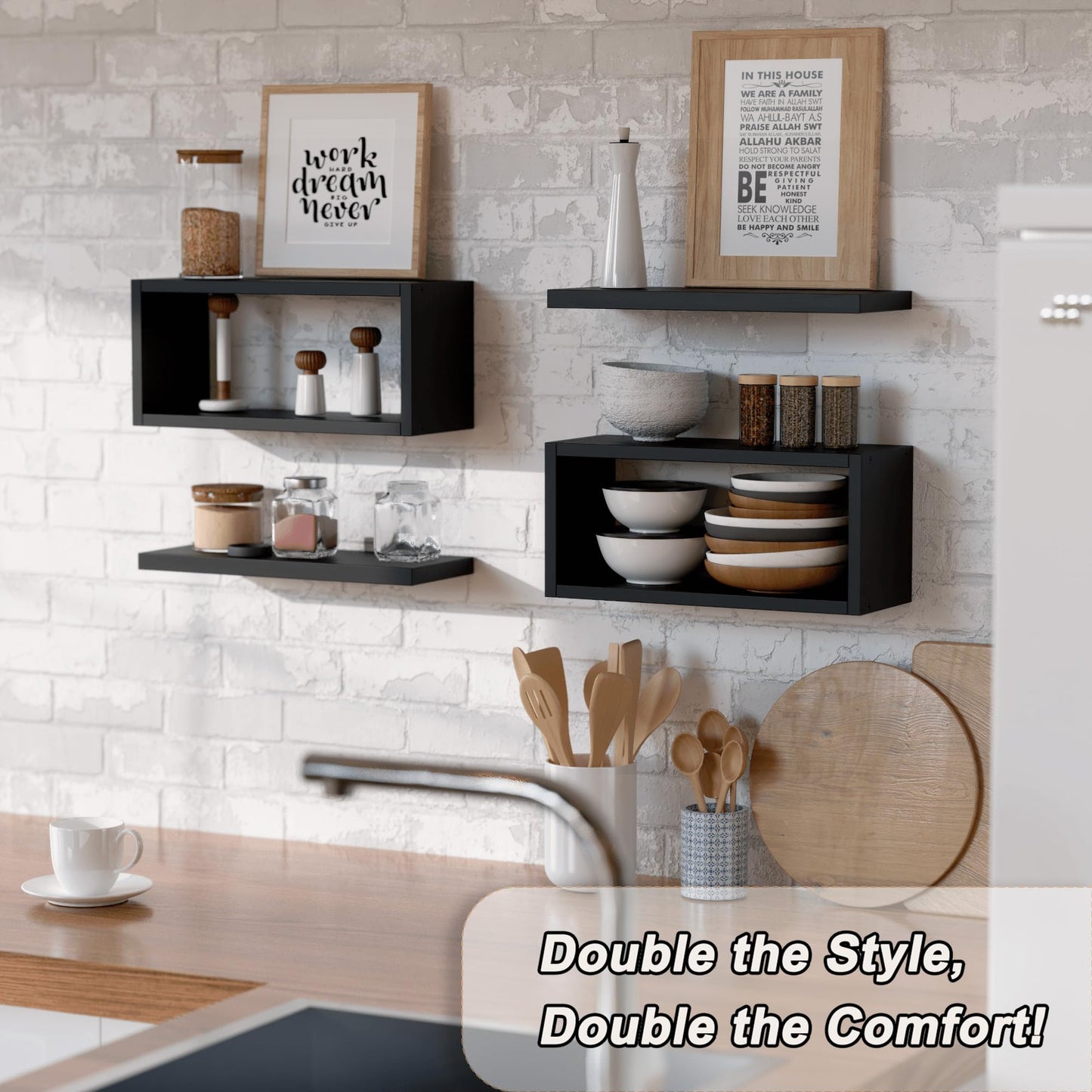 RICHER HOUSE Floating Shelves Bathroom, Black Floating Shelves for Wall, Above Toilet Bathroom Shelves, Wall Mounted Hanging Shelves for Bedroom, Kitchen, Living Room Decor - Black