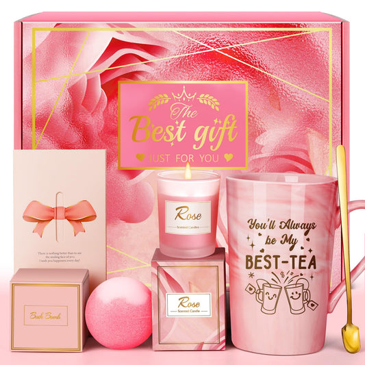 Bestie Gifts for Women: Eletorot BEST-TEA Friendship Gift for Best Friend Female, Pink Spa Relaxation Baskets Set, Galentines, Valentines, Mothers Day, Birthday, Christmas, Funny BFF Present