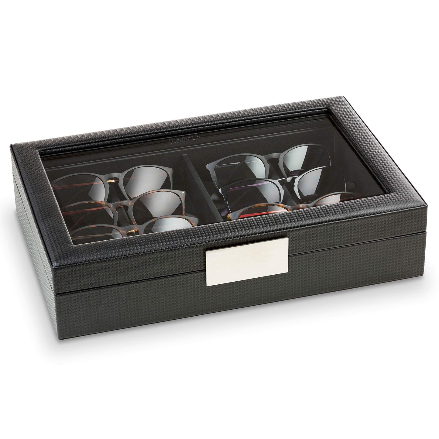 Glenor Co Sunglasses Organizer Case - 8 Slot Storage Holder to display Sunglass/Eye Glasses - Modern Box with Clear Glass Top and Metal Buckle for Men and Women - Carbon Fiber Leather Design - Black