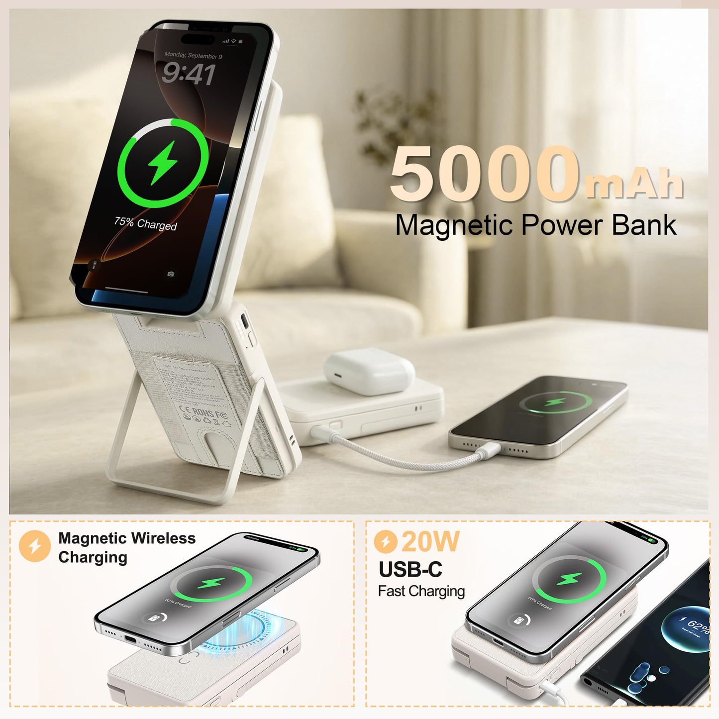 5-in-1 Portable Charger for Women, 5000mAh Magnetic Wireless Power Bank w/ Makeup Mirror, Phone Stand, Bluetooth Remote, Card Holder, Travel Essentials, Mothers Day Birthday Gift for Mom, Wife, Khaki