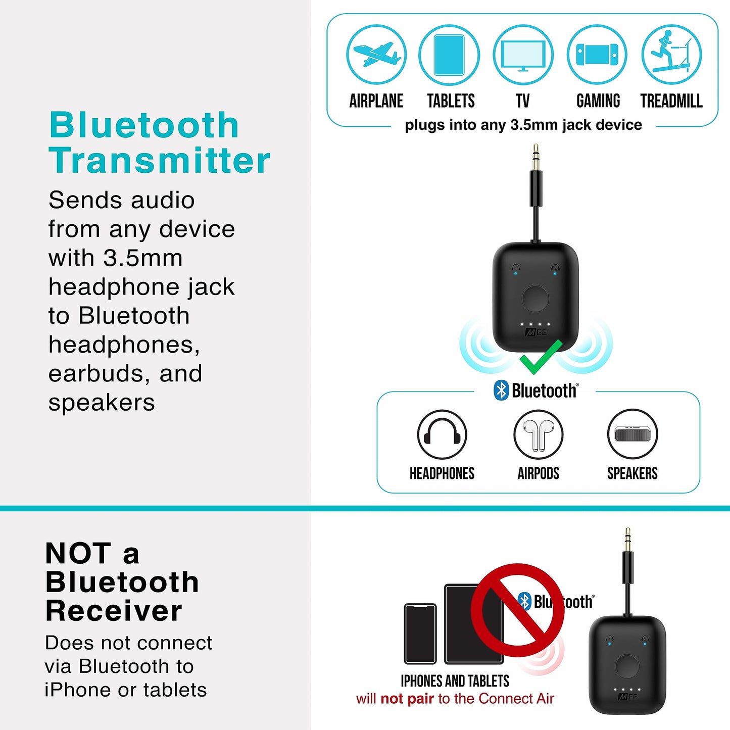 MEE Audio Connect Air in-Flight Bluetooth Wireless Audio Transmitter Adapter for up to 2 AirPods/Other Headphones; Works with All 3.5mm Aux Jacks on Airplanes, Gym Equipment, TVs, & Gaming Consoles