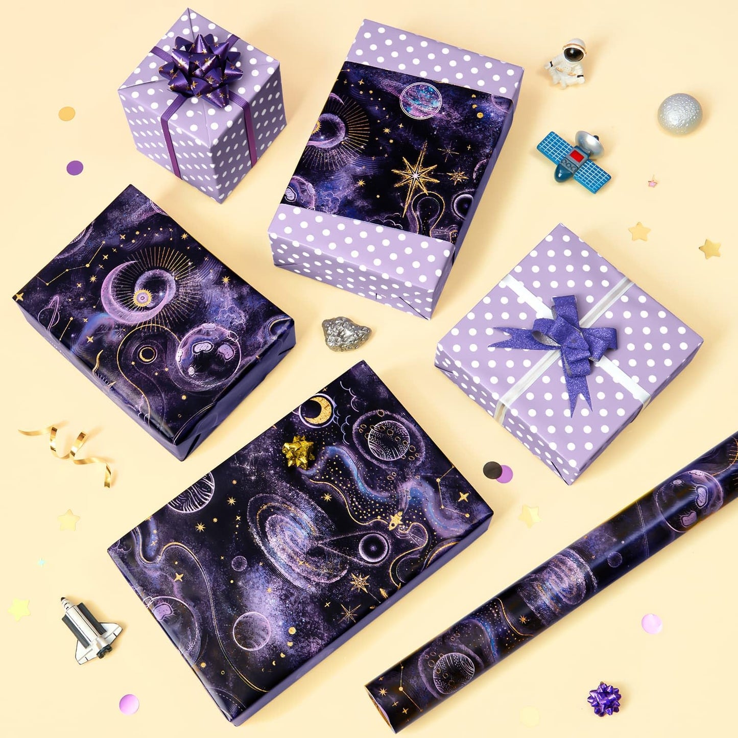 WERNNSAI Galaxy Wrapping Paper Roll - 1 Roll 17” x 33 ft Purple Dark Night Sky Nebula Star Wrapping Paper for Boys Girls Reversible Polka Dot Design Gift Wrap for Birthday Holiday Baby Shower Party Favors