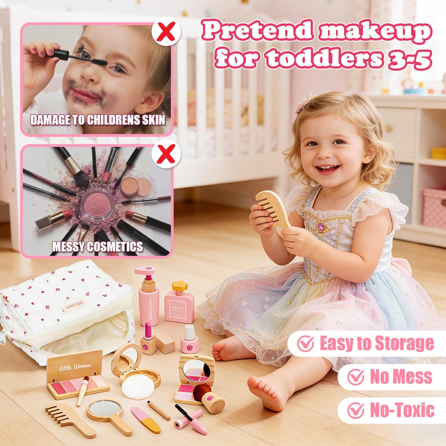 Treasdamic Wooden Makeup Toy Set for Girls - Pretend Play Makeup Kit for Toddlers 3-5 with Eyeshadow/ Mascara/ Perfume/ Blush/ Mirror/ Bag, Birthday Gifts for Girls Toys Kids Aged 3 4 5 6 7 8