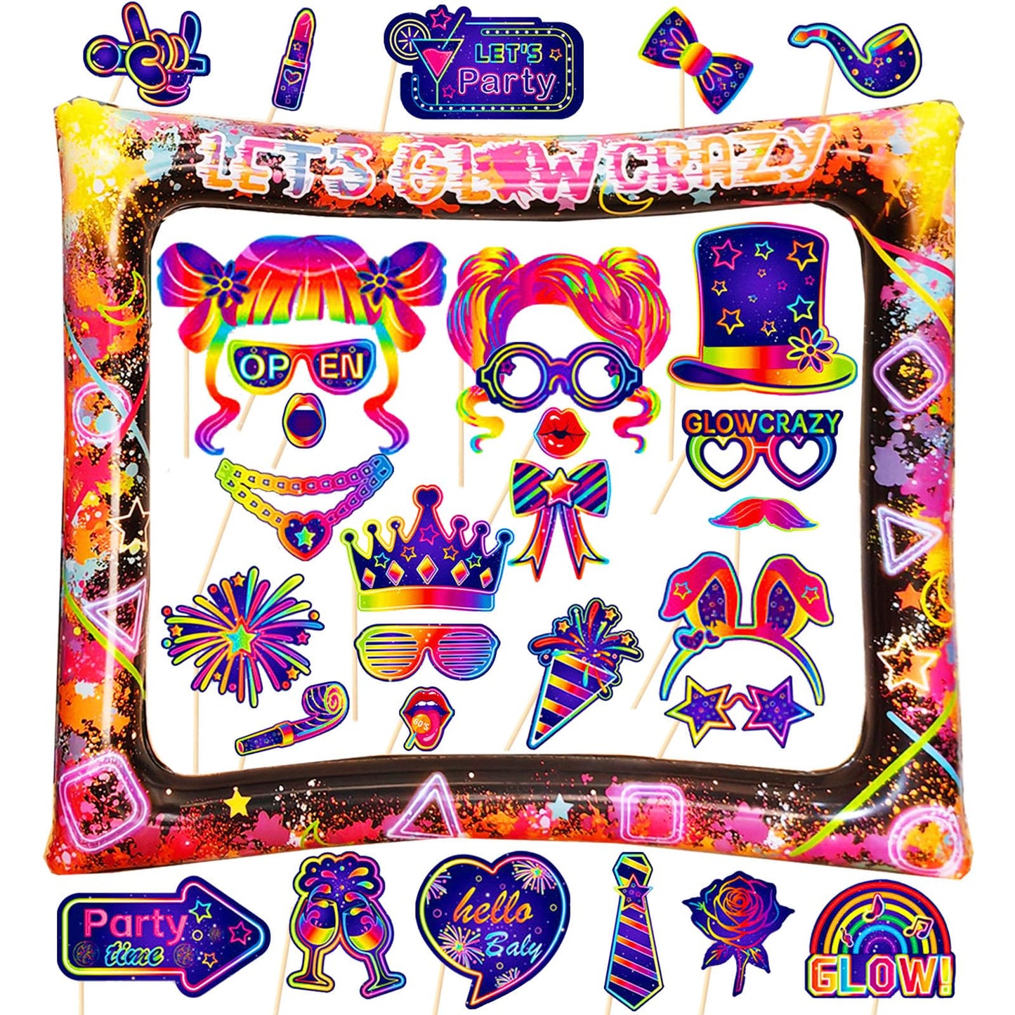 LMSHOWOWO 30PCS Neon Photo Booth Props, Glow Inflatable Photo Booth Frame, Funny Selfie Props for Neon Party Accessories Let's Glow in The Dark Birthday Party Wedding Carnival