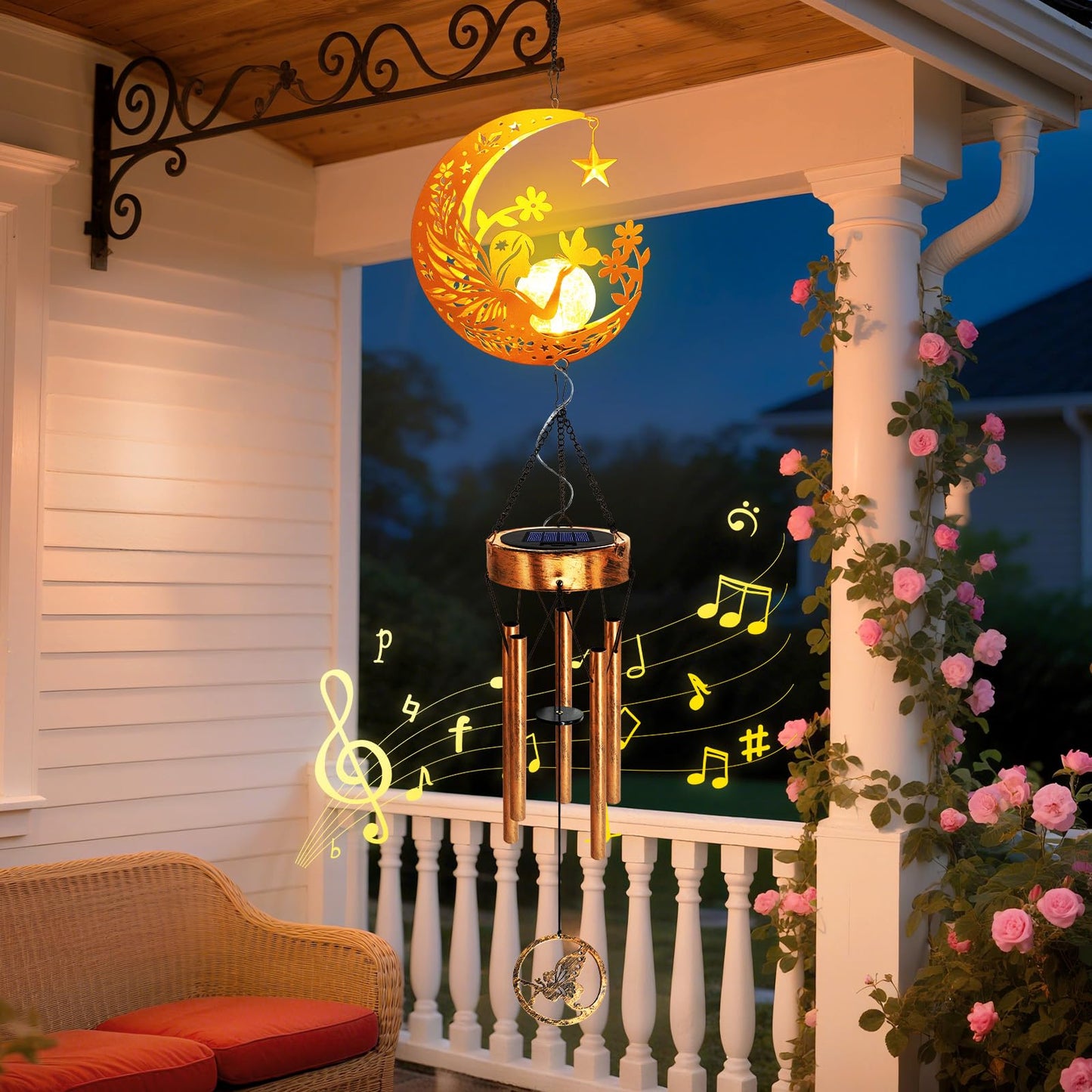 Solar Moon Fairy Wind Chimes, Moon Gifts Mothers Day for Mom Women Men Sympathy Birthday, Hanging Outdoor Decor Cracked Glass Ball Memorial Large Wind Chimes for Garden Patio Porch