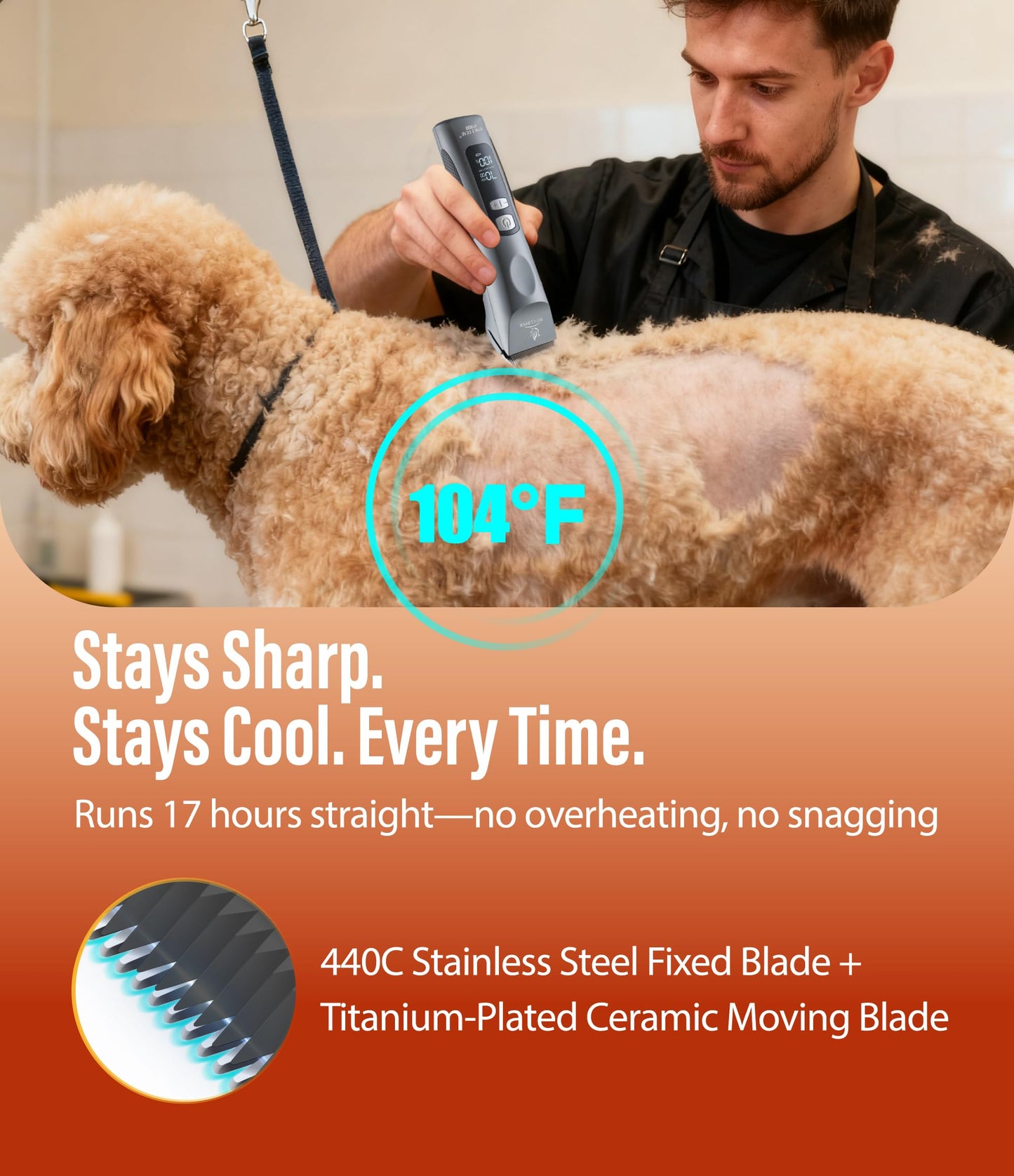 Professional Dog Grooming Clippers with 17H Runtime & Replaceable 440C Blade, 5-Speed Low Noise Electric Dog Shaver for Thick, Matted, Curly Hair, Cordless Clipper for Groomer & Home Use, Orange