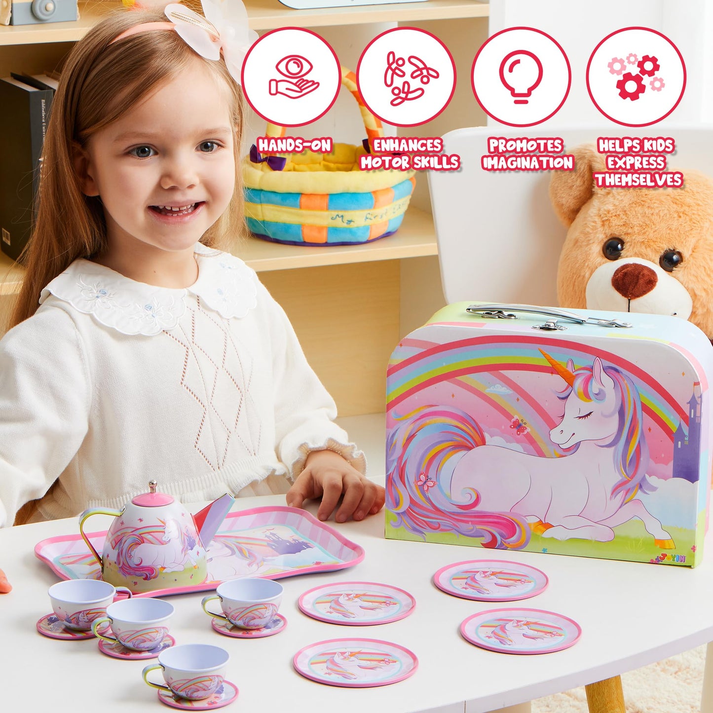 JOYIN Unicorn Tea Party Set for Little Girls, Pretend Pink Tin Teapot Set, Princess Tea Time Play Kitchen Toy with Teapot, Cup, Plate, Carrying Case for Kids Toddlers Age 3 4 5 6, Easter Birthday Gift