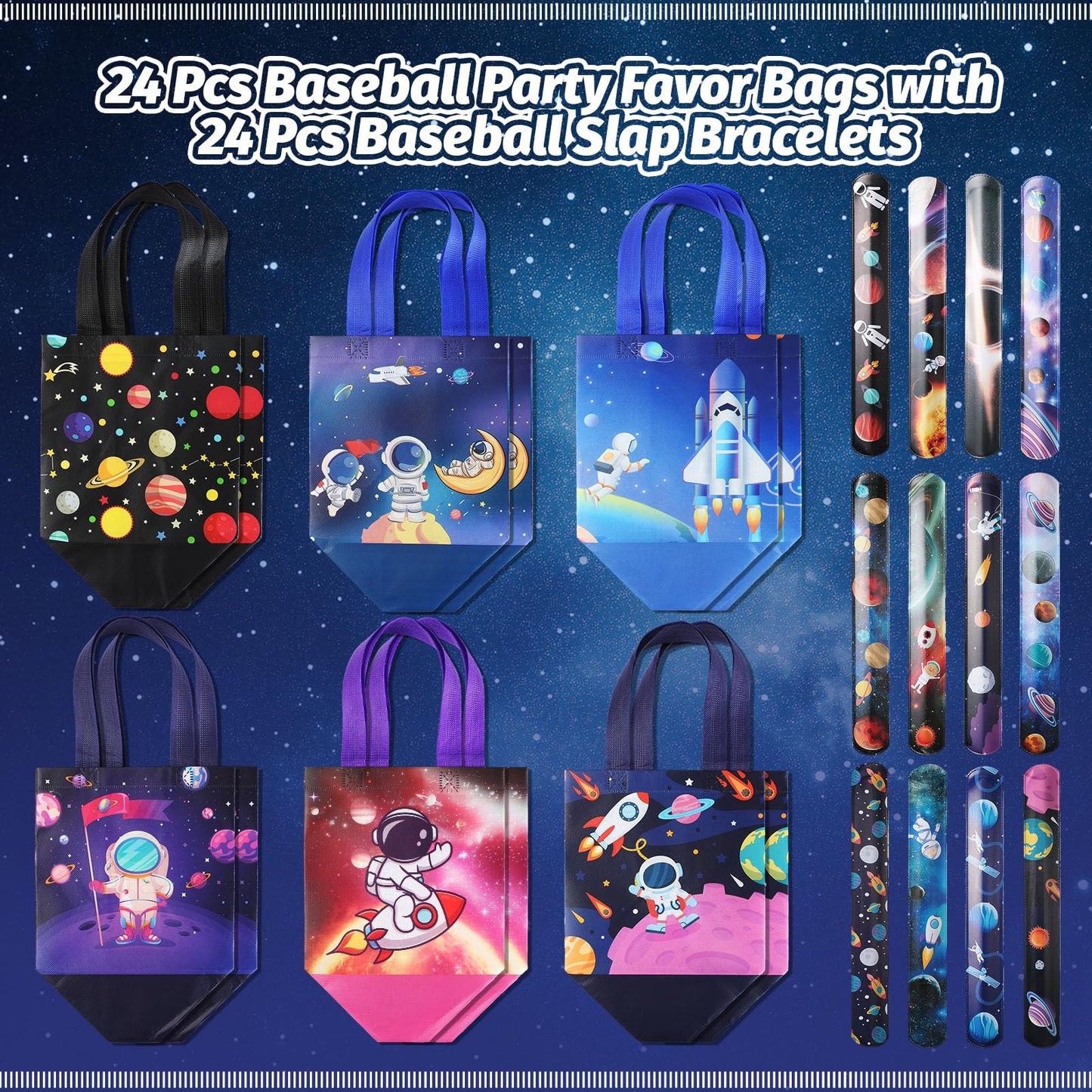 MiniInflat 24 Pcs Space Party Favor Bags Outer Space Non Woven Astronaut Gift Treat Bags with 24 Pcs Slap Bracelets, Reusable Galaxy Goodie Candy Bag with Handles for Astronaut Party Supplies
