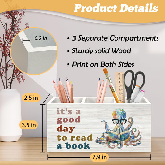 Yjeslw Book Lovers Gifts Octopus Pen Holder Organizer for Desk Accessories, It's a Good Day to Read a Book Wooden Box Sign Desk Decorations for Kids Classroom Reading Room Corner Nook Decor