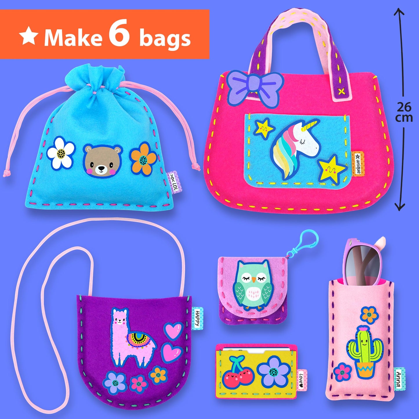 KRAFUN My First Sewing Bag Kit Arts & Crafts for Beginner Kids, 6 Easy DIY Sewing mini Bag Holder Case Projects of Animal Theme, Instructions Learn to Sew & Felt Embroidery, Gift for Girls & Boys