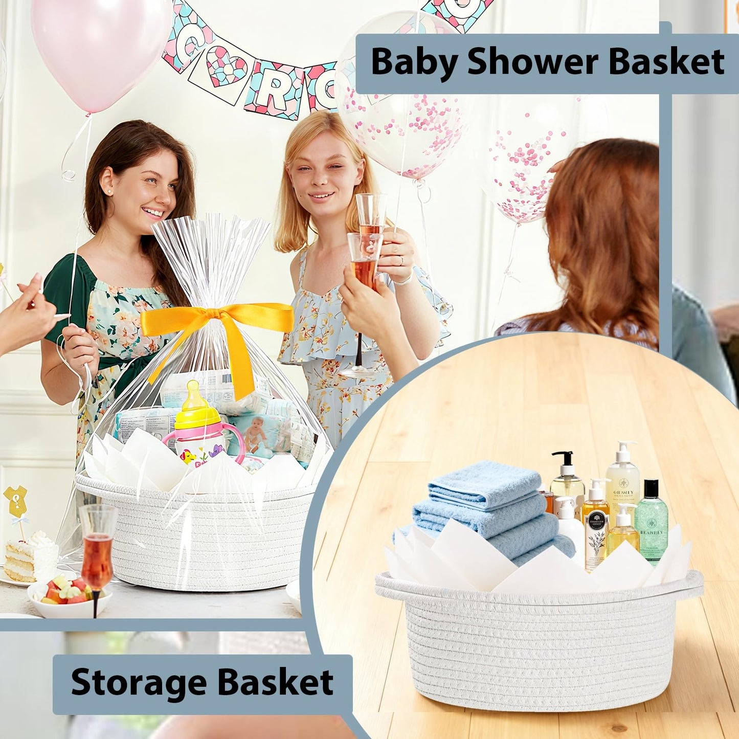woric Woven Basket Gift Basket Storage Baskets with Handles for Wedding Gifts Empty Mothers Day Graduation Gifts Stuffers Baby Shower Toy (White 12"X 8" X 5" with Gift Bag Card Ribbon Tissue Paper)