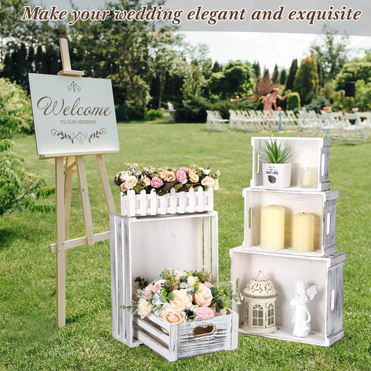 CroBlissful 5 Pack Wooden Crates for Display Rustic Nesting Wooden Crates Vintage Storage Farmhouse Decorative Box with Handles Handmade Container Bin for Wedding Birthday Party Display(Vintage White)