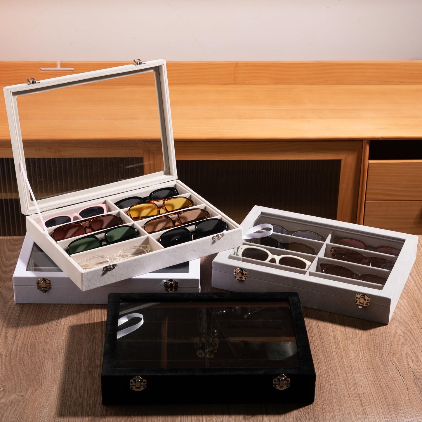 Frebeauty Sunglass Organizer,Velvet Glasses Organizer,8-Slot Sunglasses Tray with Clear Lid,Men's/Women's Sunglasses Box,Sunglass Case,13.3 x 9.6 x 2.2 Inches,Eyeglass/Eyewear Display Tray(Beige)