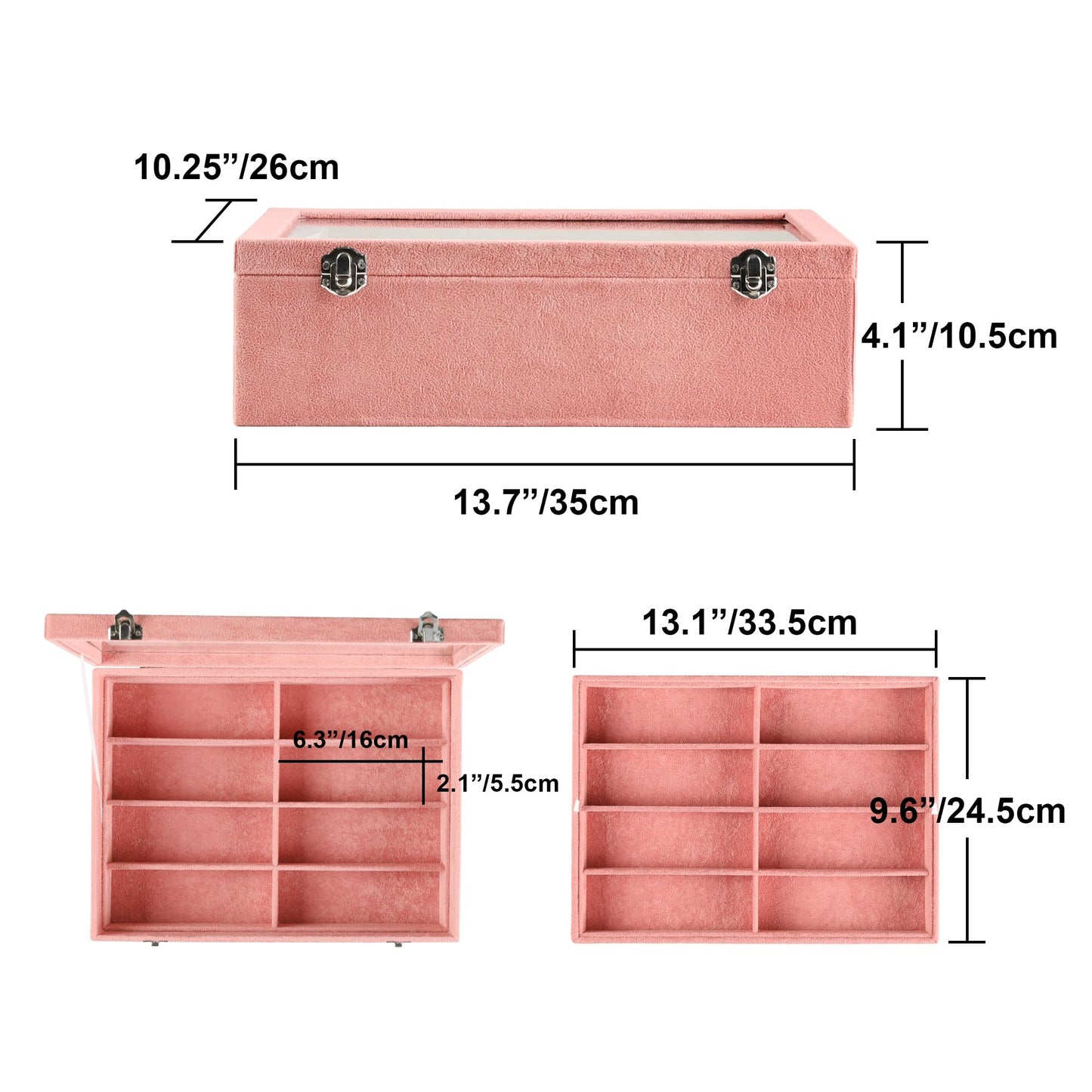Frebeauty 16 Slots Sunglasses Organizer,2 Layer Velvet Sunglasses Tray with Glass Lid,Multiple Pairs Sunglass Display Case for Man or Woman,137 * 10.25 * 4.1 Inches Eyeglass/Eyewear Box (Pink)