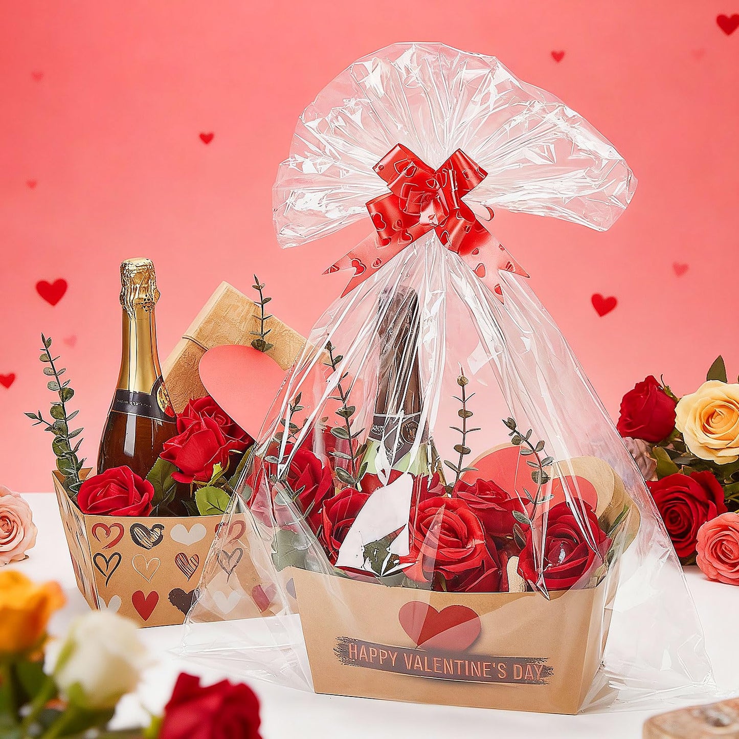 Kolldenn 24 Set Valentine's Day Empty Gift Basket to Fill Kraft Red Heart Bouquet Box with Handles Pull Bows Cellophane Bags and Card for Valentine Party Favor Supplies, 9.8 x 6.5 Inch