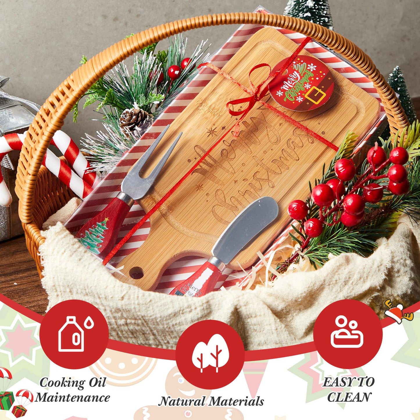 Ziliny 1 Set Christmas Cheese Board and Knife Gift Set, Wooden Small Charcuterie Board Mini Xmas Holiday Serving Tray for Party Appetizers Home Decoration (Square)