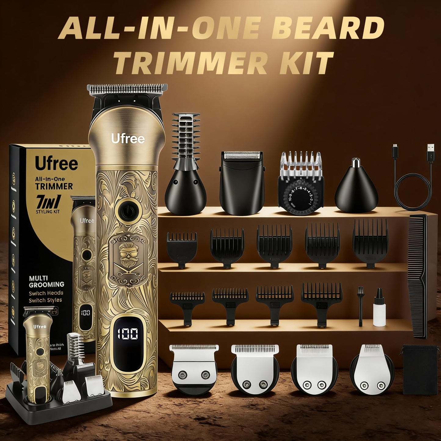 Ufree Beard Trimmer for Men, Electric Razor Shaver, Cordless Hair Clipper Shaving Kit for Mustache Body Nose Ear Hair Facial, Adjustable Beard Grooming Kit Birthday Gifts for Men