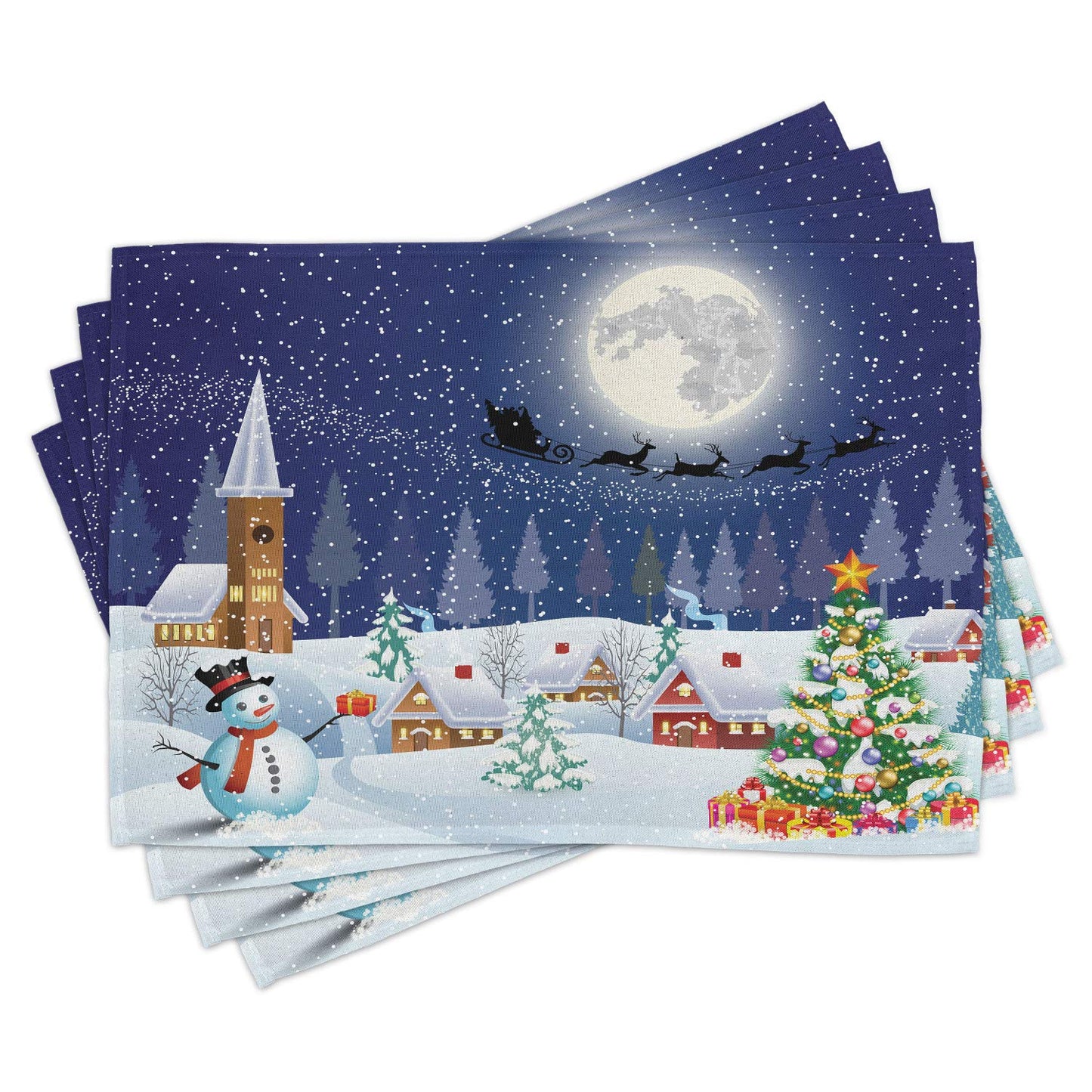 Ambesonne Christmas Place Mats Set of 4, Winter Season Snowman Xmas Tree Santa Sleigh Moon Present Boxes Snow and Stars, Washable Fabric Placemats for Dining Table, Standard Size, White Blue