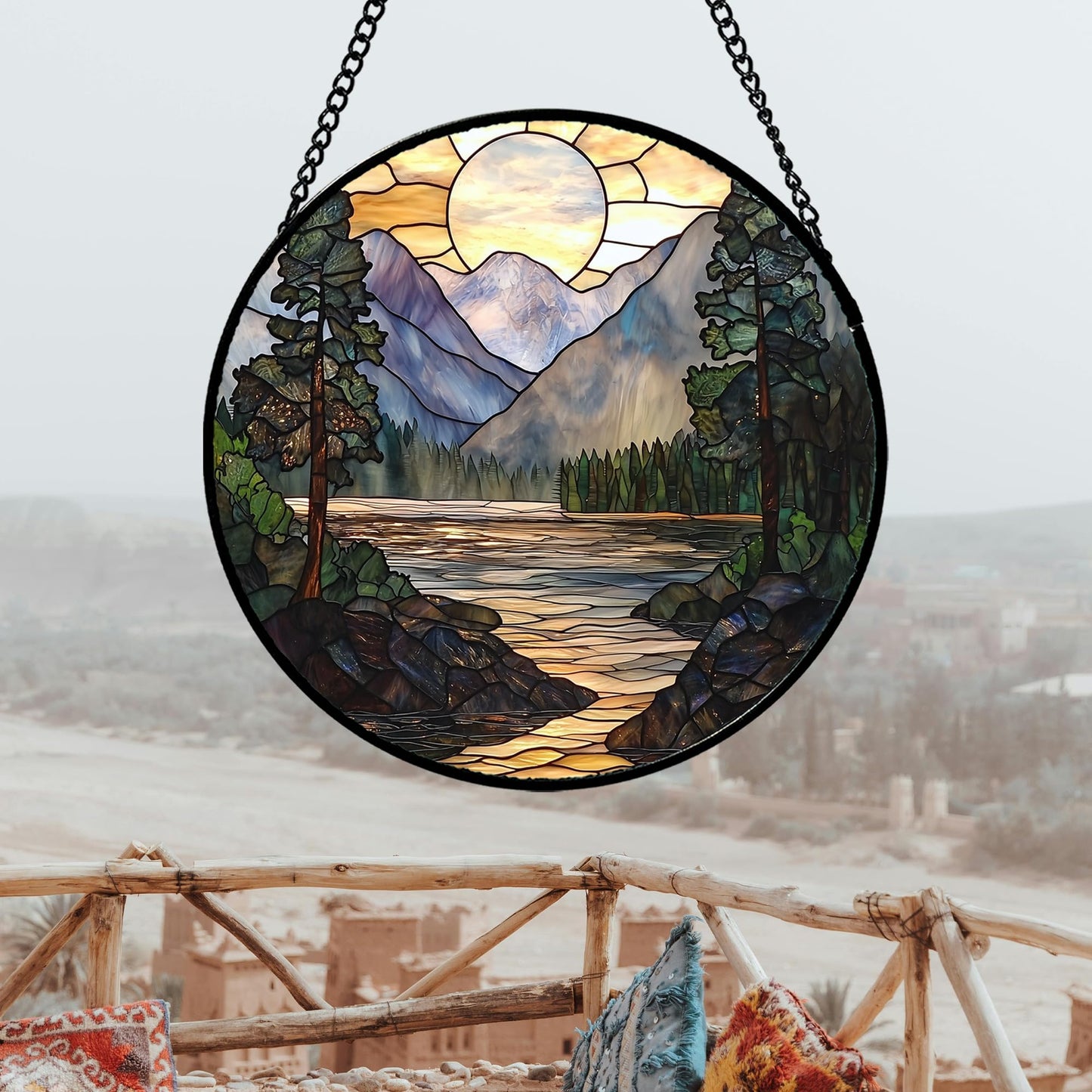 AMDERVEN Stained Glass Window Hanging, Sunset Mountains Lake Tree Sun Catcher for Window Home Decor Landscape Suncatcher Mother's Day Birthday Gifts for Women Men Mom and Nana 6.3 in