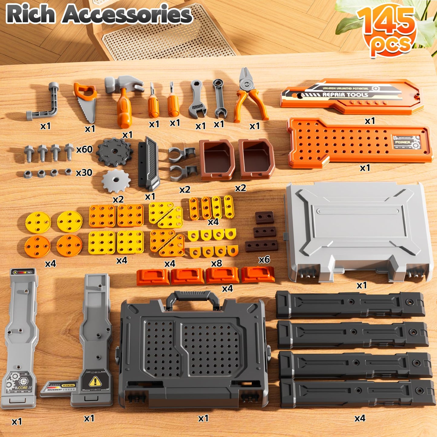 DULONIME 2 in 1 Workbench Tools Toys Set with Sound for Toddlers Aged 3-5, 145 PCS Educational Construction Mechanic Toolbox for Boys Girls, Pretend Play Toys Birthday Gift for Kids 3 4 5 6 Years Old