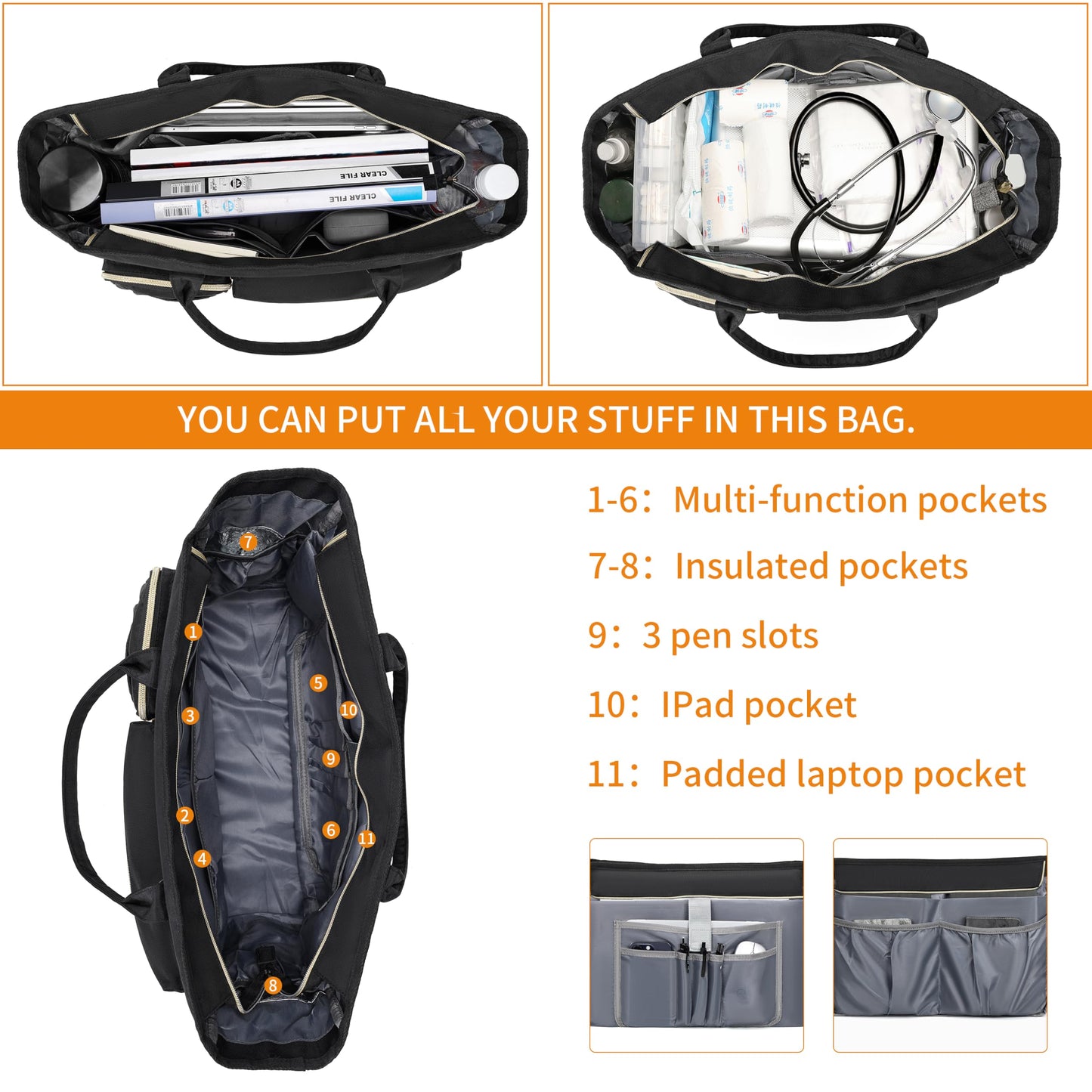 Rabjen Nurse Tote Bag for Work with Padded 15.6” Laptop Sleeve, Medical Supplies Shoulder Bag for Home Health Care