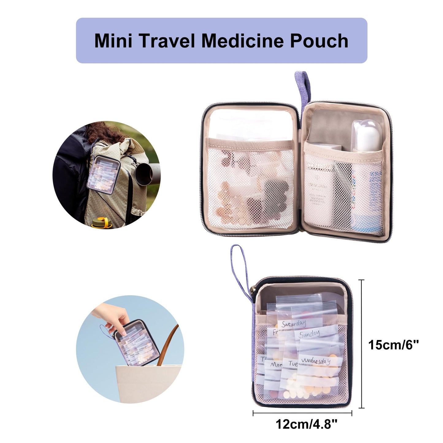 Lexeeco Medicine Storage Bag Pill Bottle Organizer with Portable Small Pouch Travel Medication Bottle Organizer for Emergency Home First Aid Box Kit (Purple)