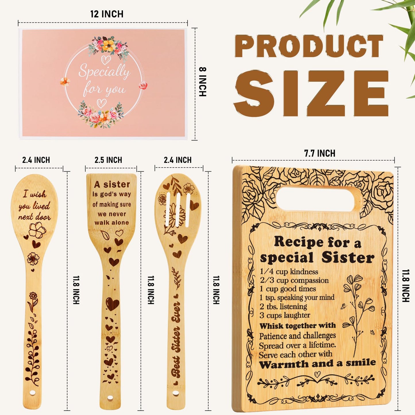 Sister Birthday Gifts Cutting Board Set, Recipe for a Special Sister - Mothers Day Birthday Gifts for Sister from Sister Engraved Utensil Friendship Gift for Women Bestie Best Friend Soul Sister