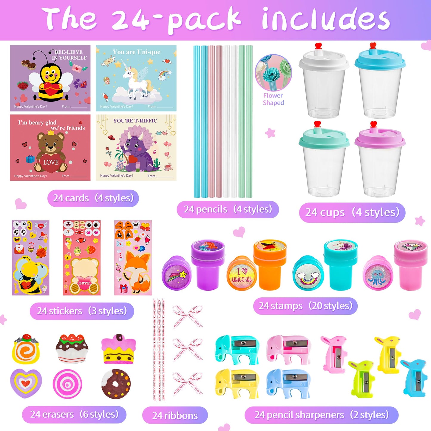 24 pcs Valentines Day Gifts for Kids Classroom - Valentines Day Stationary Set Gift with Cards for School,Valentine exchange valentines party favors for kids boys girls,Valentines goody bag filler.