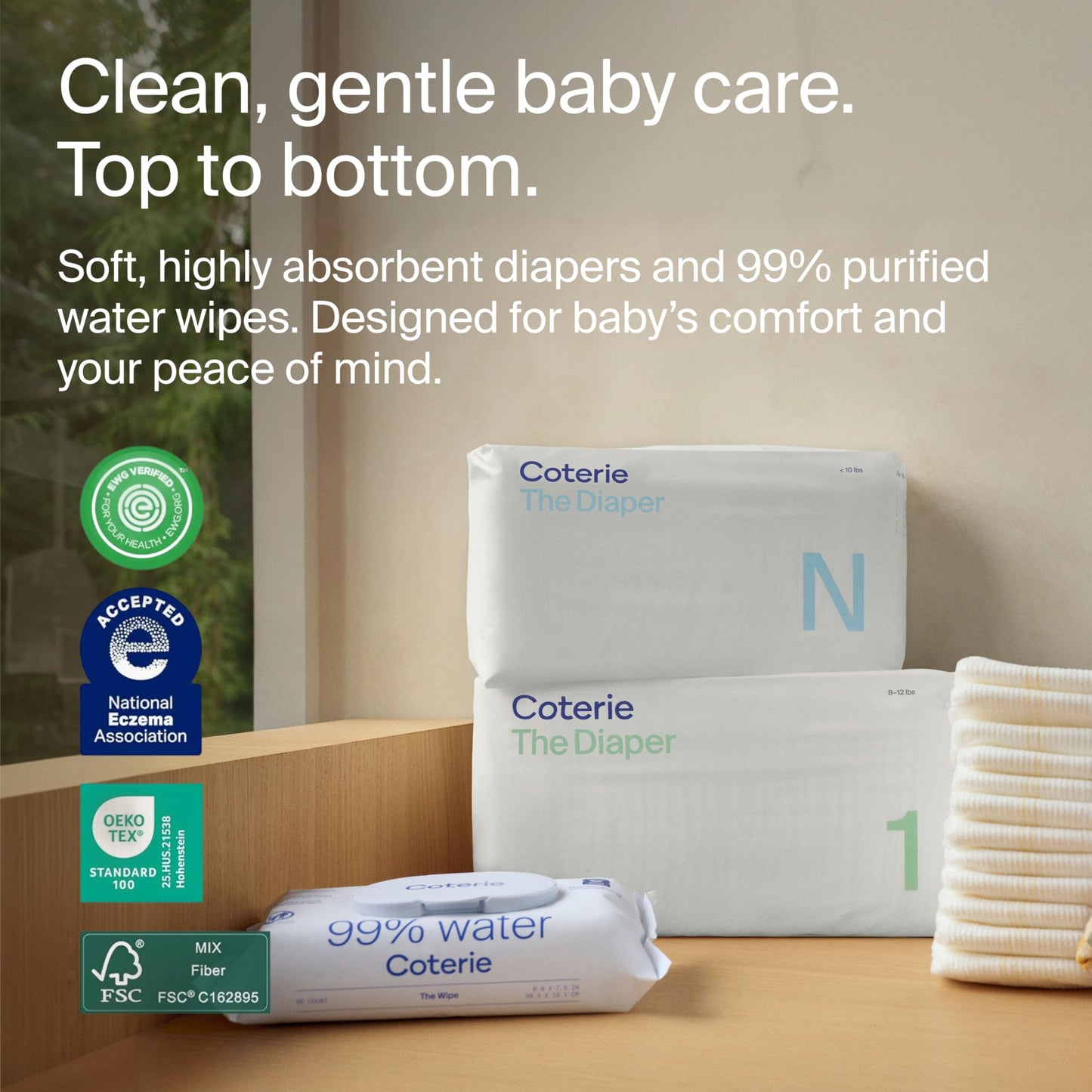 Coterie The Newborn Gift Set, Size Newborn Diapers (31 Count) & Size 1 (33 Count), 1 Travel Size Pack Baby Wipes (18 Count), Plant Based Materials, Hypoallergenic for Sensitive Skin, Baby Essentials