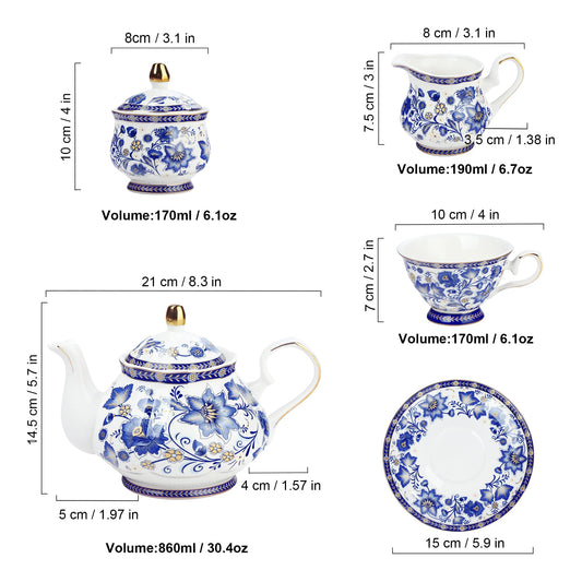 fanquare Porcelain Tea Sets,Blue British Coffee Cups& Saucer Service for 6, with Teapot,Sugar Bowl,Creamer Pitcher and Golden Metal Rack