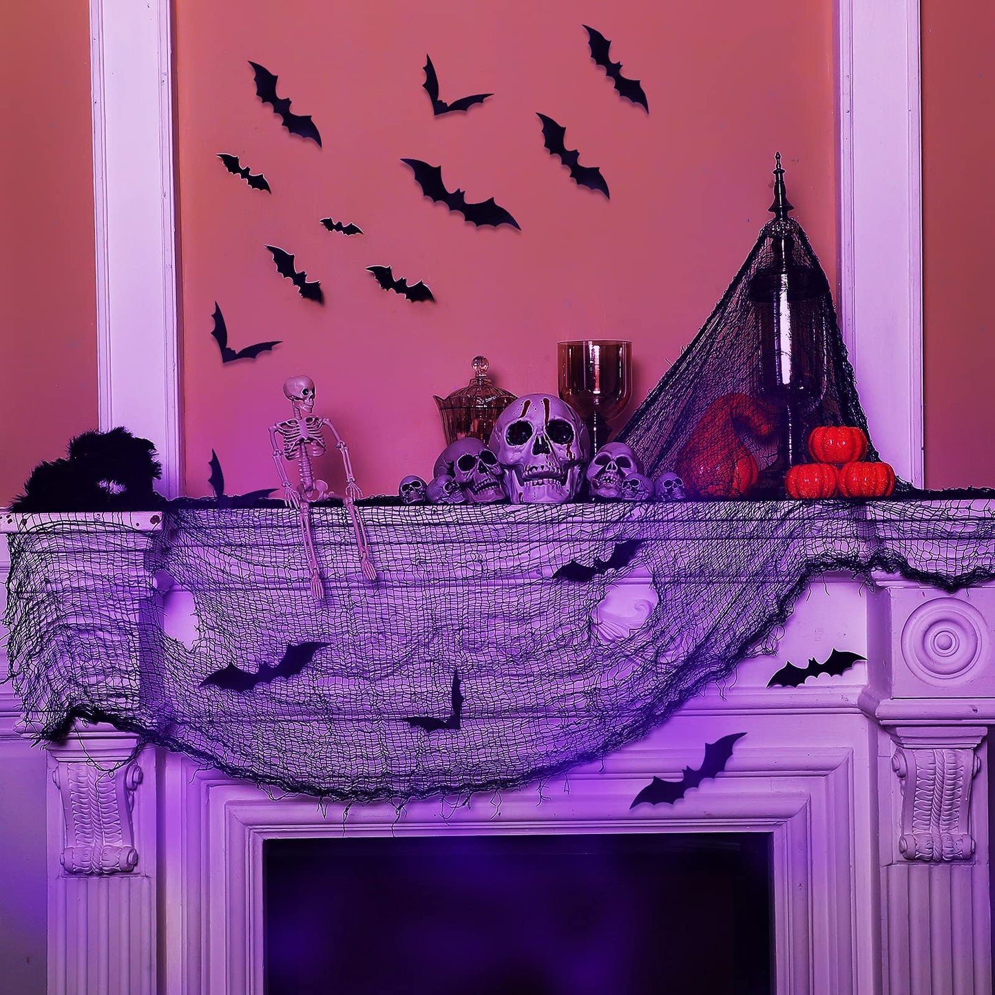 Tegeme 4 Pieces Halloween Black Creepy Cloth 30x72 Inch Spooky Scary Cheesecloth Freaky Polyester Gauze Cloth with 60 Pieces 3D Bat Sticker for Halloween Party Outdoor Yard Wall Decoration