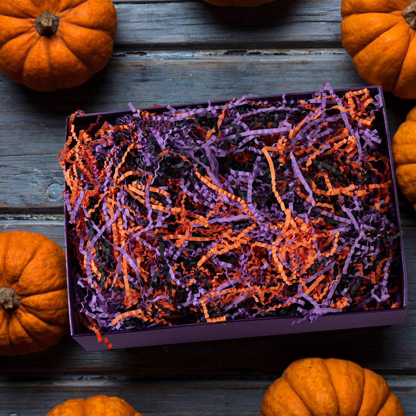 Gloreyan 1LB Halloween Crinkle Cut Paper Shred, Black Orange Purple Raffia Paper Sherd Filler Grass for Gift Wrapping Basket Filling Birthdays Weddings Party Supply